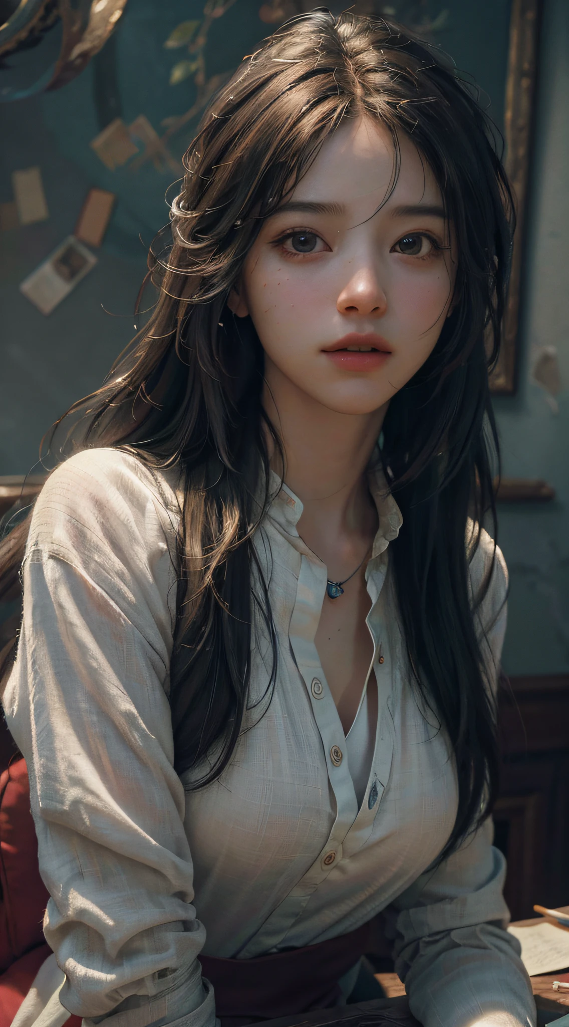 (RAW photo, best quality), (realistic, photo-realistic:1.3),best quality,highly detailed,masterpiece,ultra-detailed,illustration,1girl,upper_body,dynamic angle,world masterpiece theater,messy_long_hair,best quality,extremely detailed CG unity 8k wallpaper,ink,Amazing,cinematic lighting,lens_flare, dunhuang_style