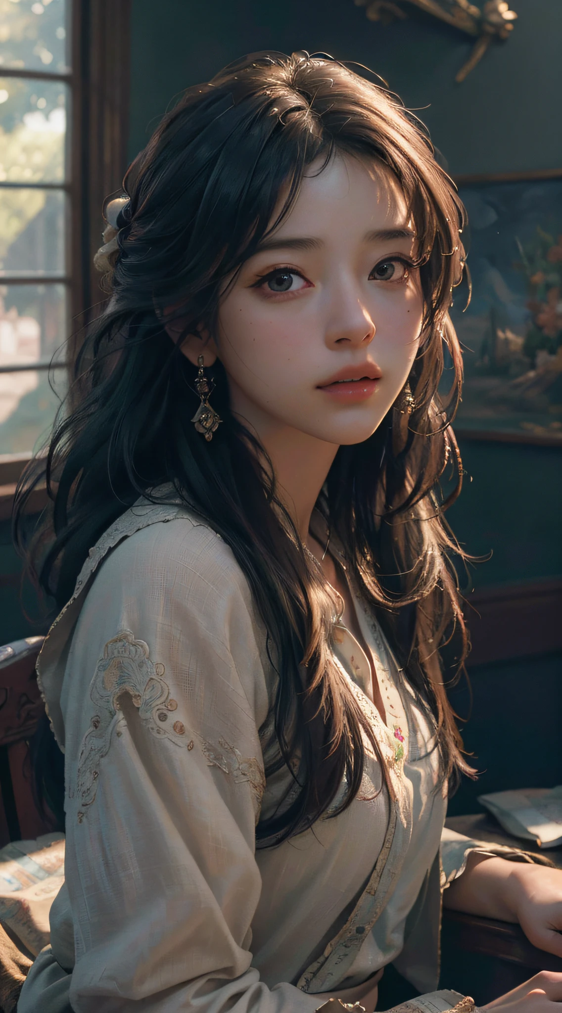 (RAW photo, best quality), (realistic, photo-realistic:1.3),best quality,highly detailed,masterpiece,ultra-detailed,illustration,1girl,upper_body,dynamic angle,world masterpiece theater,messy_long_hair,best quality,extremely detailed CG unity 8k wallpaper,ink,Amazing,cinematic lighting,lens_flare, dunhuang_style