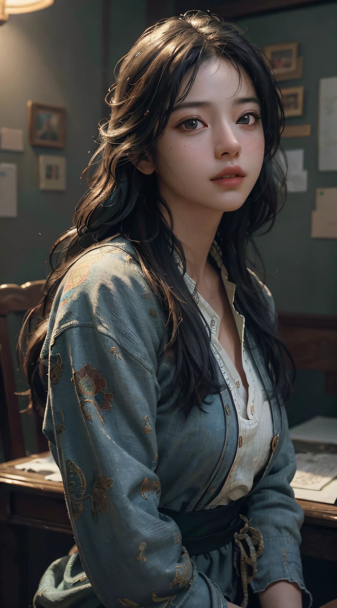 (RAW photo, best quality), (realistic, photo-realistic:1.3),best quality,highly detailed,masterpiece,ultra-detailed,illustration,1girl,upper_body,dynamic angle,world masterpiece theater,messy_long_hair,best quality,extremely detailed CG unity 8k wallpaper,ink,Amazing,cinematic lighting,lens_flare, dunhuang_style