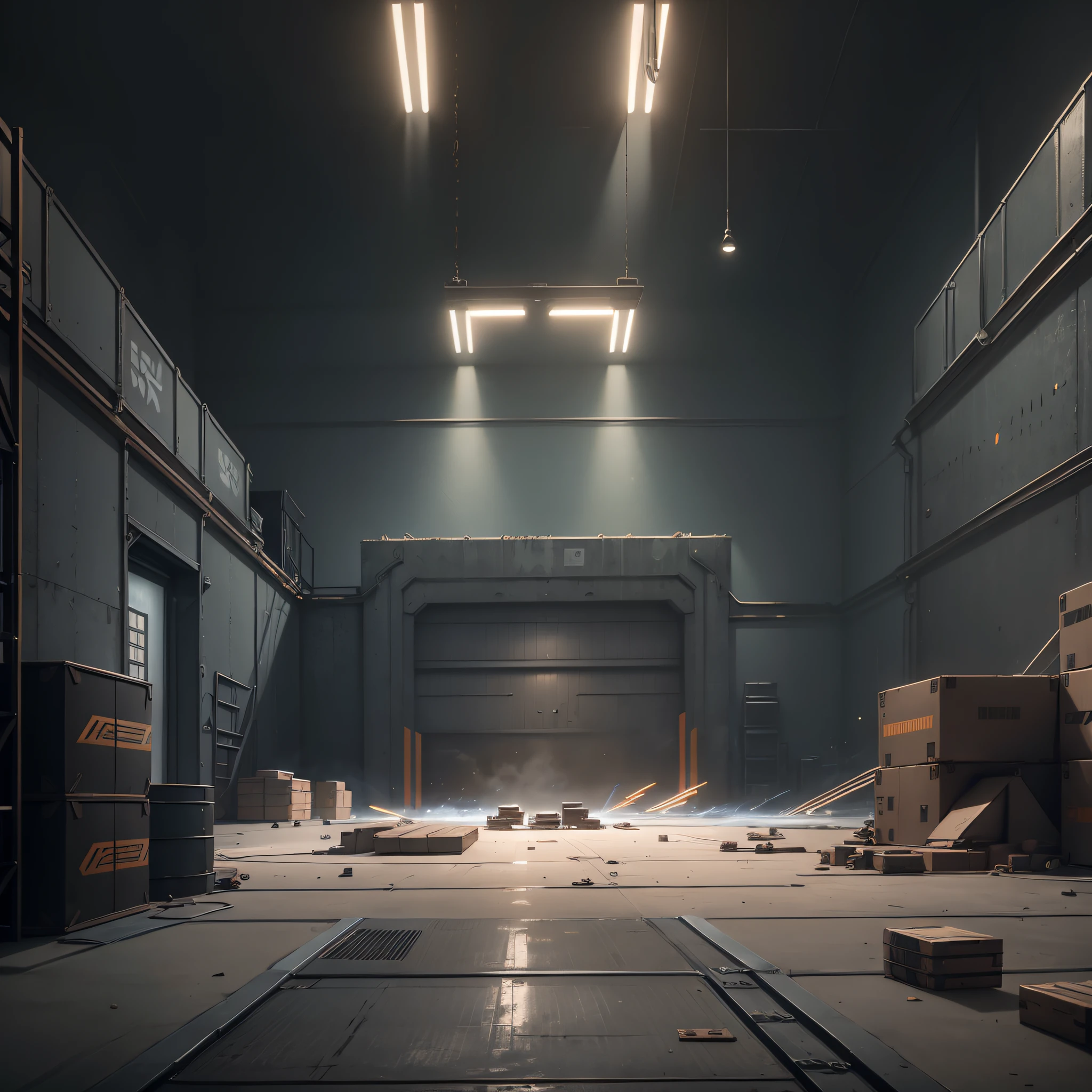 Inside the factory has boxes, factory background, interior lights, no sunlight [[1]], Overwatch building, [[empty factory]] background, interior background art, dark hangar background, weapon shop interior, random background scene, background art, secret shady lab, Overwatch design, EVA Unit-00 in the back, mirror edge art style, --s1 --auto