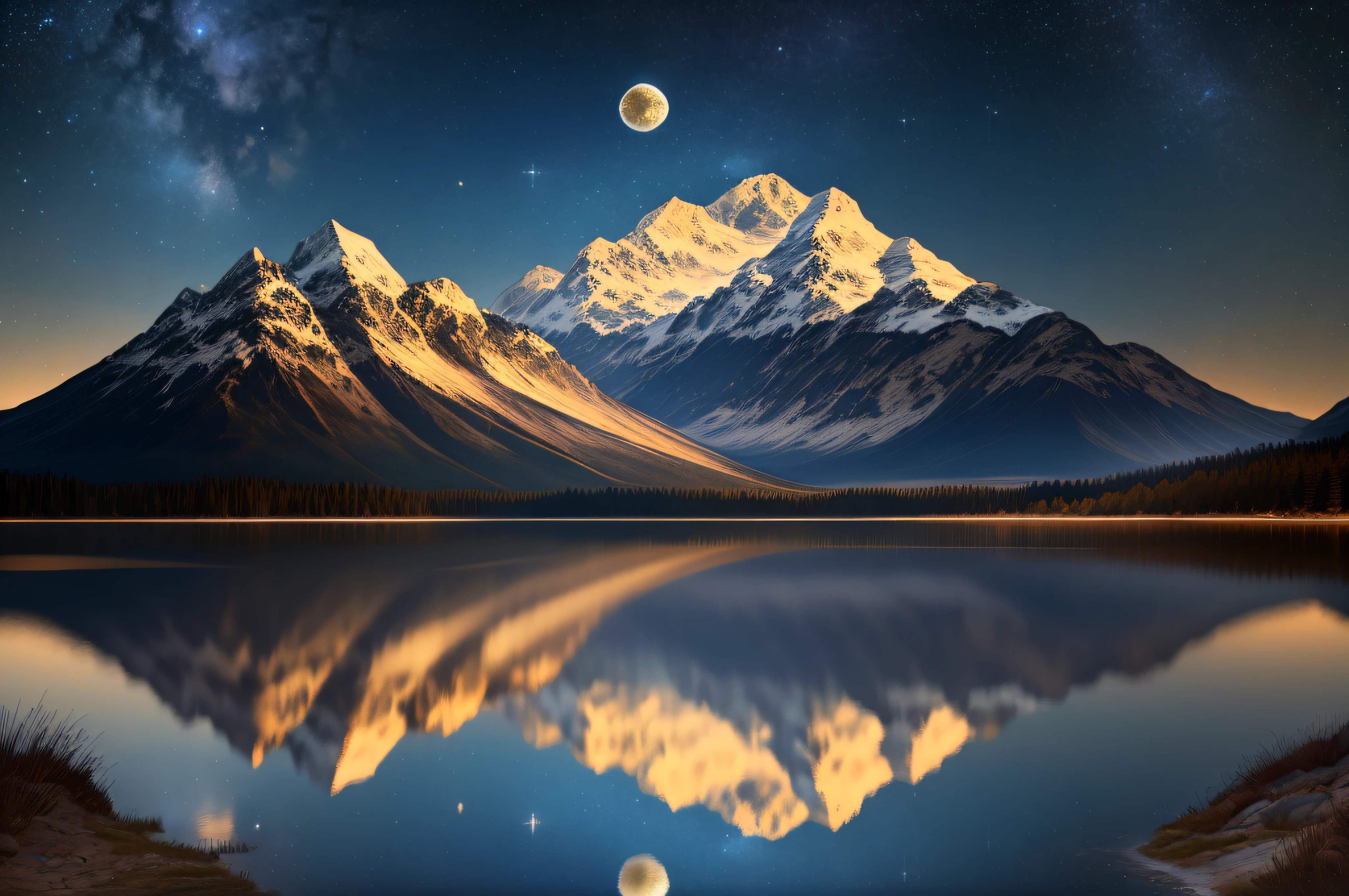 Very starry night. A giant moon behind the mountains. A tranquil lake reflecting the night. Realistic scene, detailed, photorealism, 8k