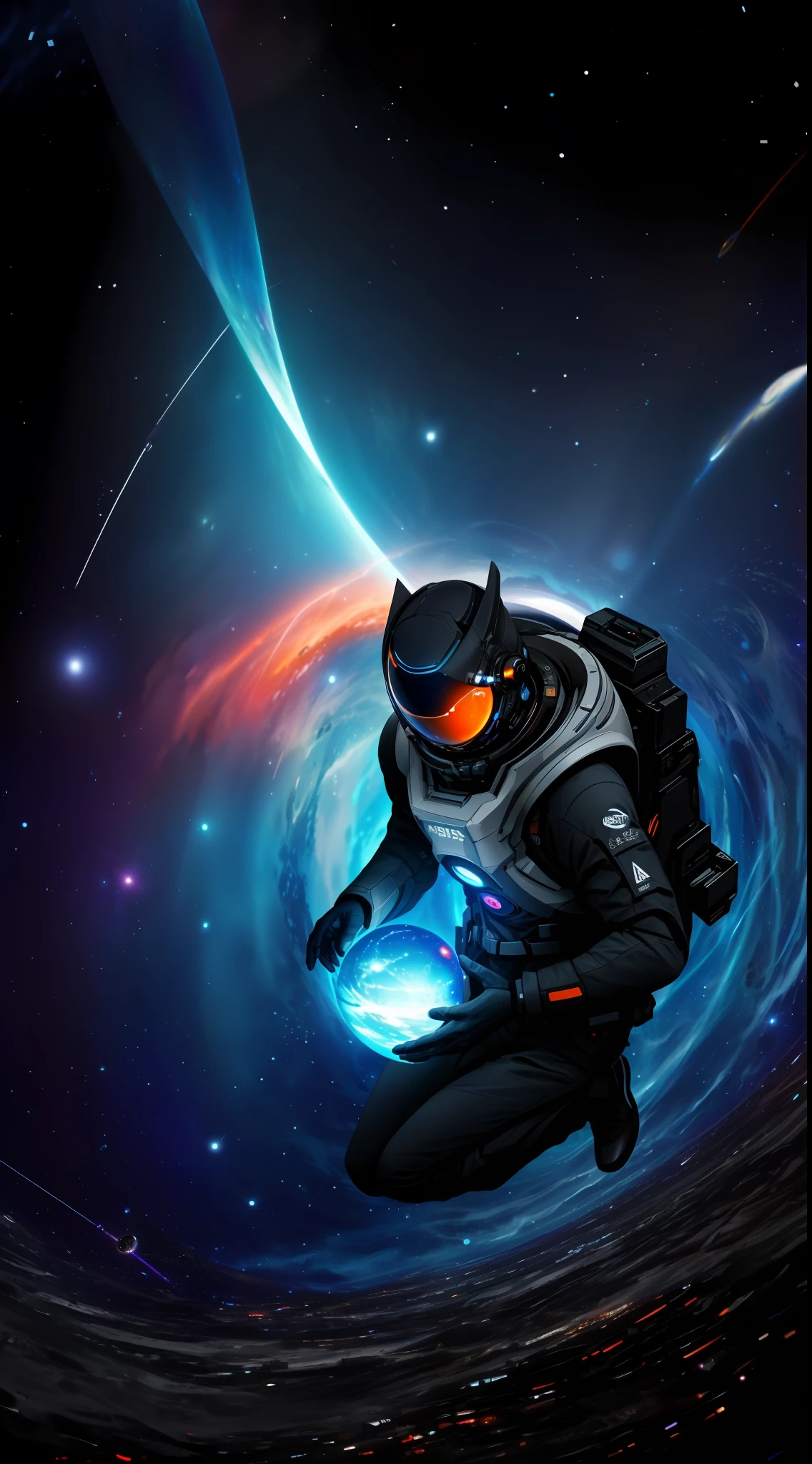 Space Vortex, Fear, Abyss Gaze, Arad view of a man in a spacesuit holding a ball in his hand, Space portal, Gateway to outer space, Deeper metaverse where we go, Portal to Another Universe, Black Hole Time Portal, Black Hole Event Horizon, Science Fiction Digital Art, (Cosmic Eye: 2), Interstellar Infinite Portal, Black Hole Rising Above the City, Blue-Orange Tones, Dark Black Tones