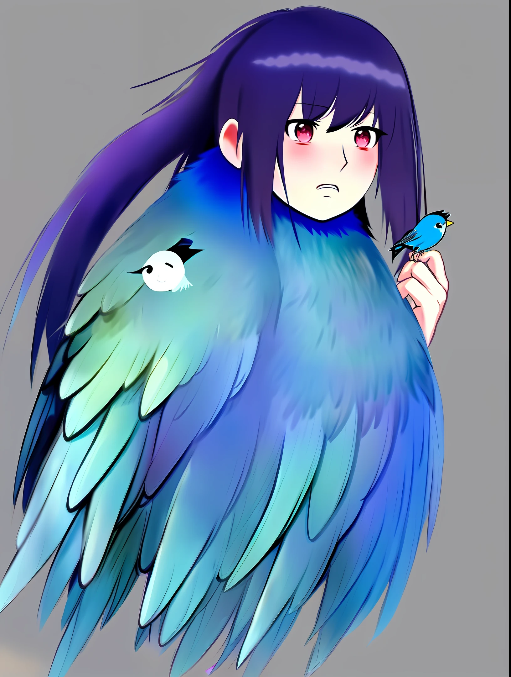 Illustration below, Japan anime, (Rakisuta ), Deformed
Illustration of one girl, twitter, blue long hair, angry with puffed cheeks, tsundere, twitter icon bird on head, twitter personification, angry towards viewer, turned away, estj, simple background