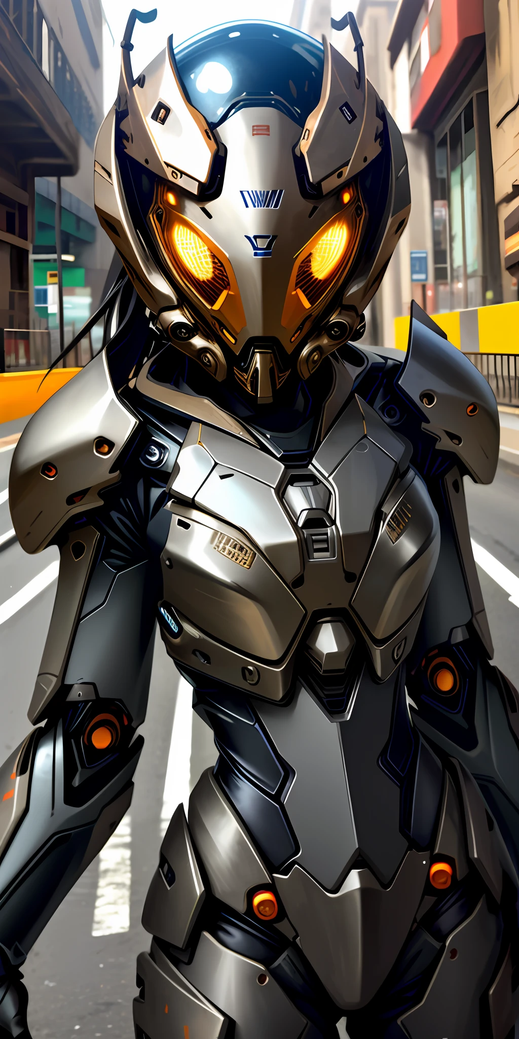 Portrait photo of a cute woman, perfect eyes, worn mecha exo suit, (((light bokeh)), complex, (steel metal [rust]), elegant, sharp focus, soft lighting, vivid colors, masterpiece, (((street)), detailed face, beetle motif