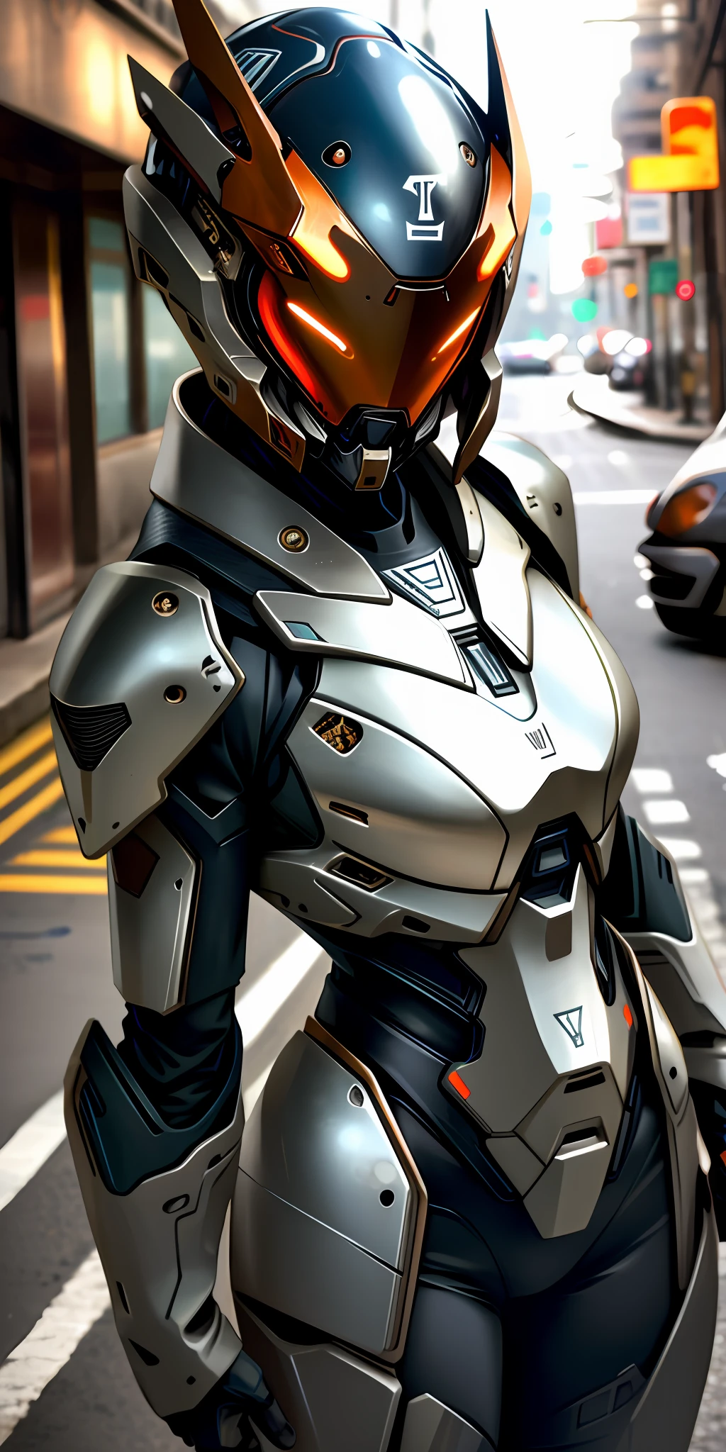 Portrait photo of a cute woman, perfect eyes, worn mecha exo suit, (((light bokeh)), complex, (steel metal [rust]), elegant, sharp focus, soft lighting, vivid colors, masterpiece, (((street)), detailed face, beetle motif