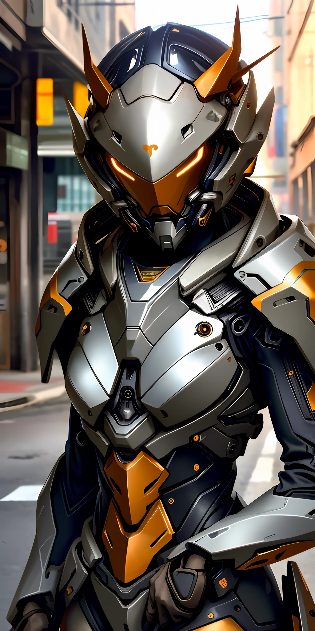 Portrait photo of a cute woman, perfect eyes, worn mecha exo suit, (((light bokeh)), complex, (steel metal [rust]), elegant, sharp focus, soft lighting, vivid colors, masterpiece, (((street)), detailed face, beetle motif
