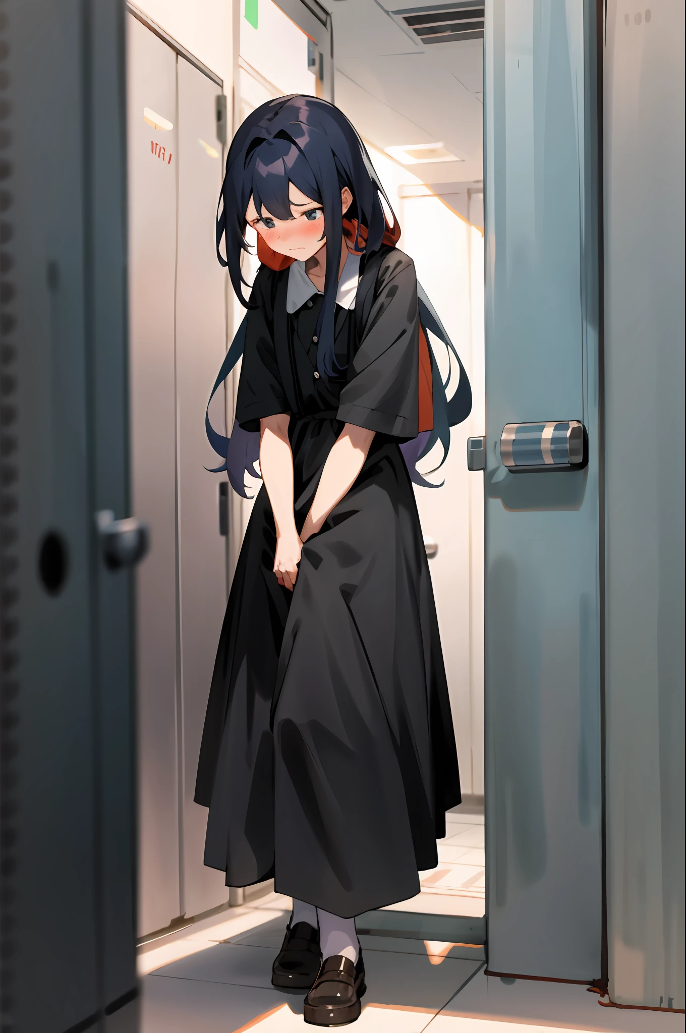 1girl with long hair and dress, 1 girl is taking to lavatory, looking away, standing, embarrassed, blush, Keep one's mouth shut, street (girl is peeing self:0.4)