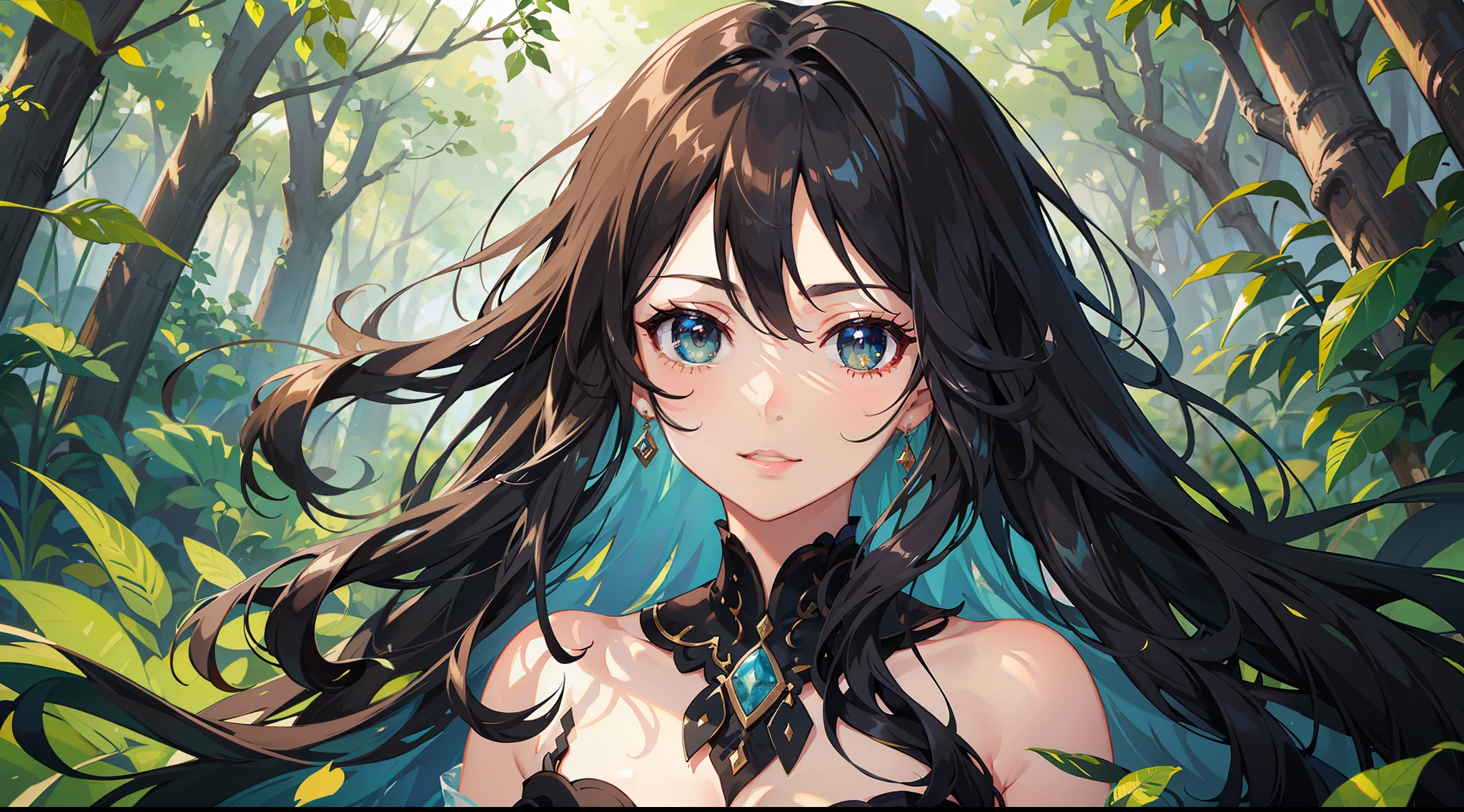 Two-dimensional, a girl, girl, black hair, hair between eyes, long hair, scattered, hair blown up by the wind, green eyes, deep eyes, big watery eyes, smile, gentle, sister fan, sister, advanced lighting, exquisite picture, exquisite eyes, best shadow, best picture quality, best light, rich details, atmosphere, high resolution, masterpiece, forest, vibrant, rich details, rich details, exquisite background, full body lens, face optimization, eye optimization