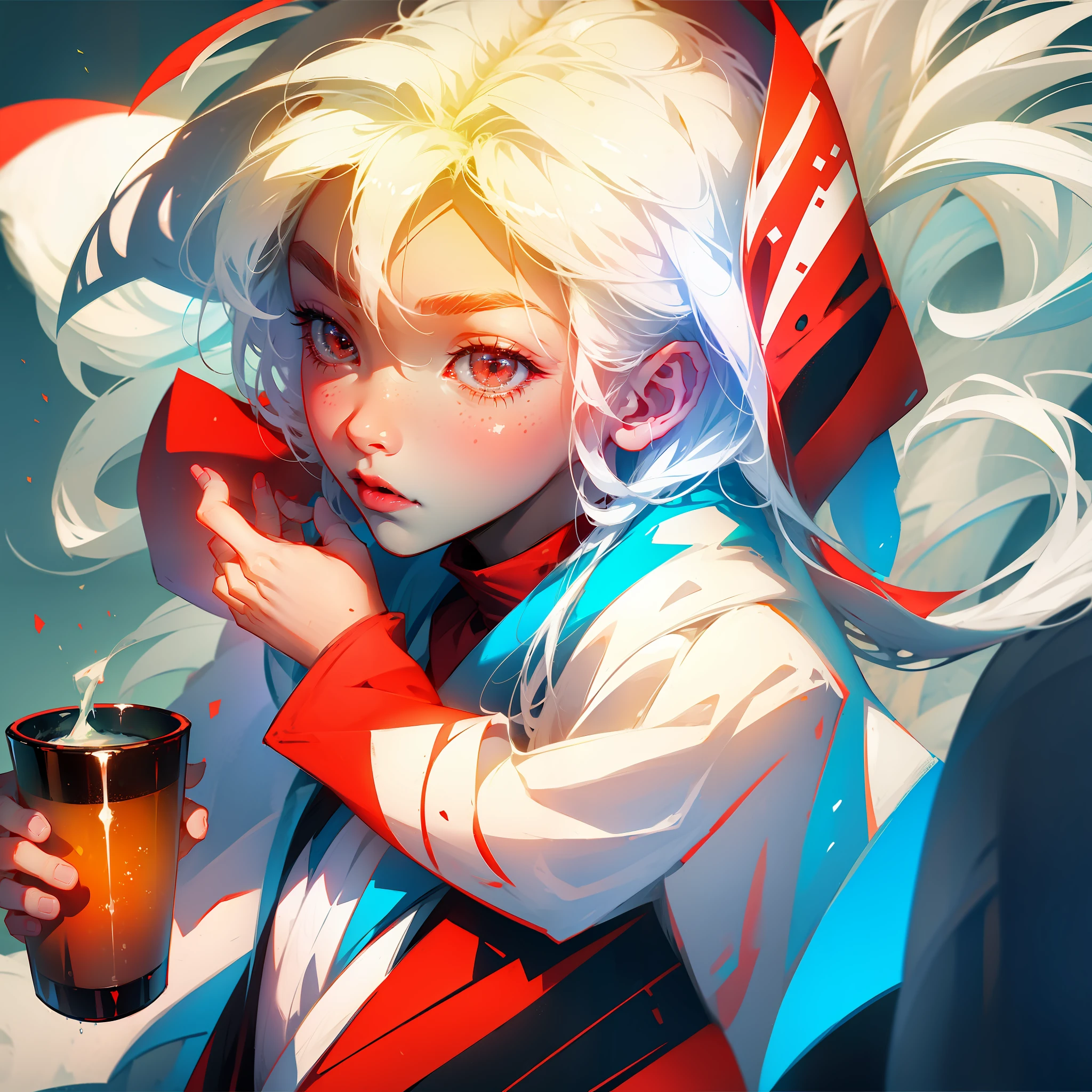 Flat anime style, cute boy, white hair, red pupils, hooded coat, drinking drinks, happy --auto --s2