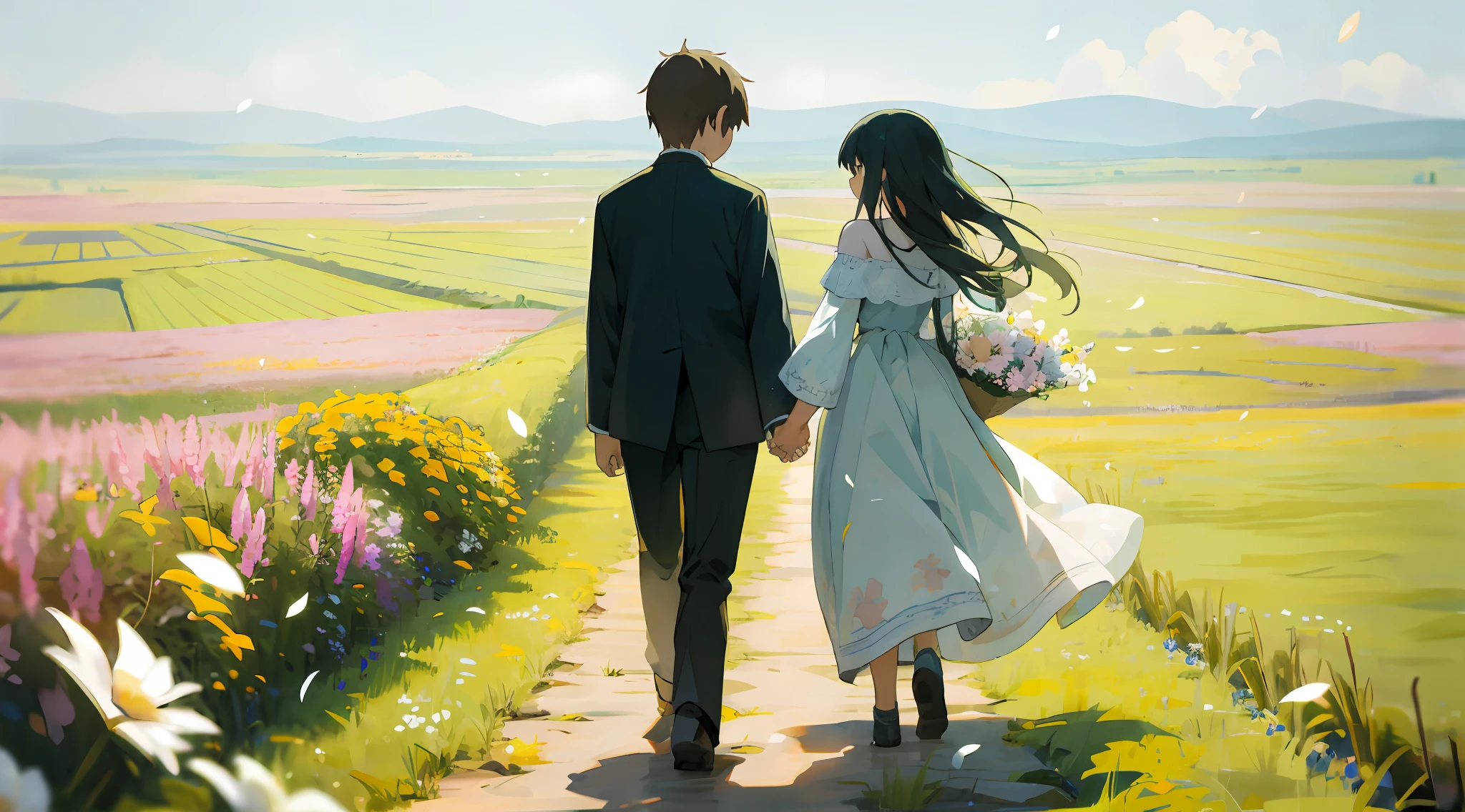 Upper body, masterpiece, best quality, ultra-detailed, depth of field, blurred foreground, a couple, holding hands, walking on the steppe, fields, grass, plants, flowers, petals