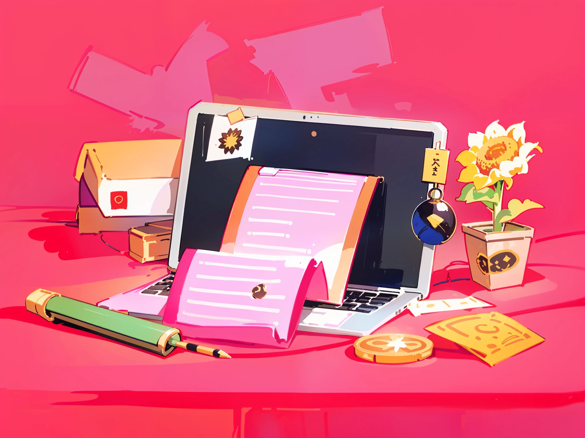 Computer, sunflower potted plant, gold coin on table, pencil on table, book behind computer, book behind computer, tarot cards, sticky notes on computer, gray robe, staff, lantern