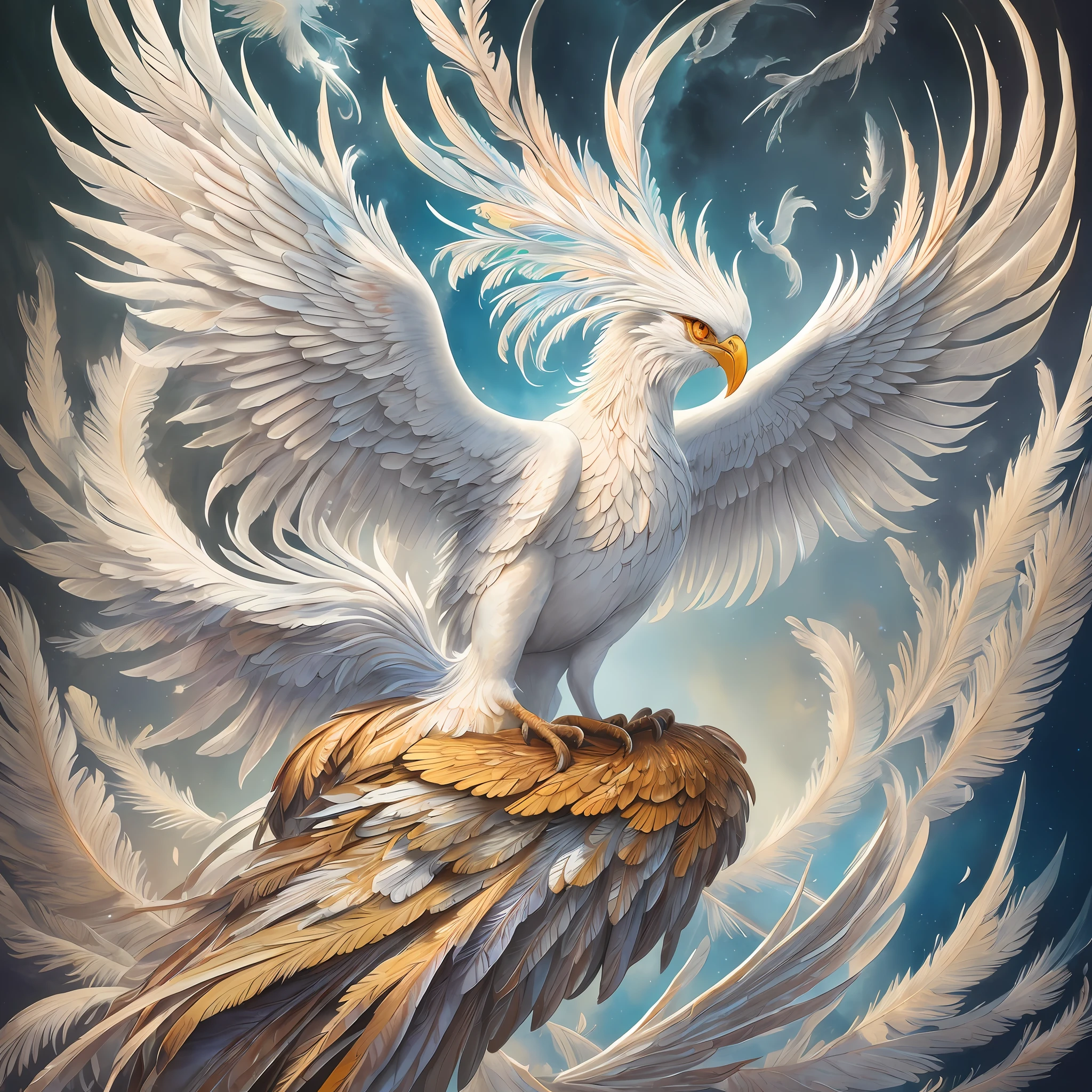 (Concept Art + Surrealism), (Ultra Detailed CG 3D Oil Painting, Majestic Phoenix Bird White Frost Feathers + Surreal Background Flowers), (Watercolor Effect + Oil Painting Effect + Magic Effect), (Fantasy + Fairy Tale) --auto --s2