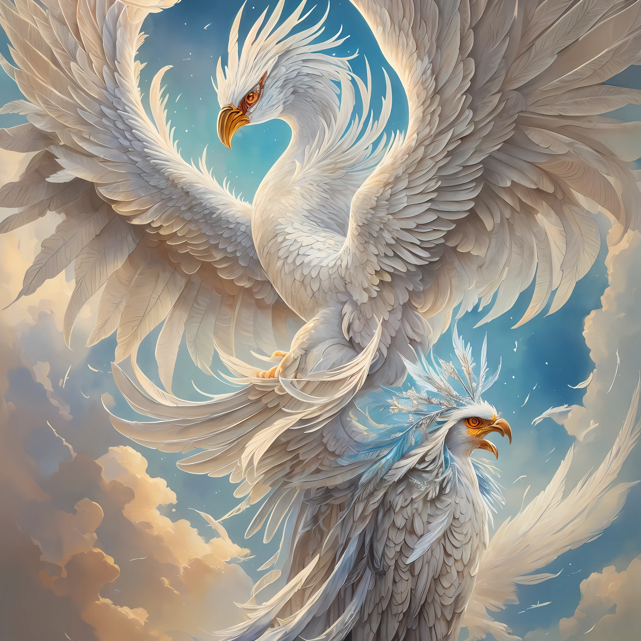 (Concept Art + Surrealism), (Ultra Detailed CG 3D Oil Painting, Majestic Phoenix Bird White Frost Feathers + Surreal Background Flowers), (Watercolor Effect + Oil Painting Effect + Magic Effect), (Fantasy + Fairy Tale) --auto --s2