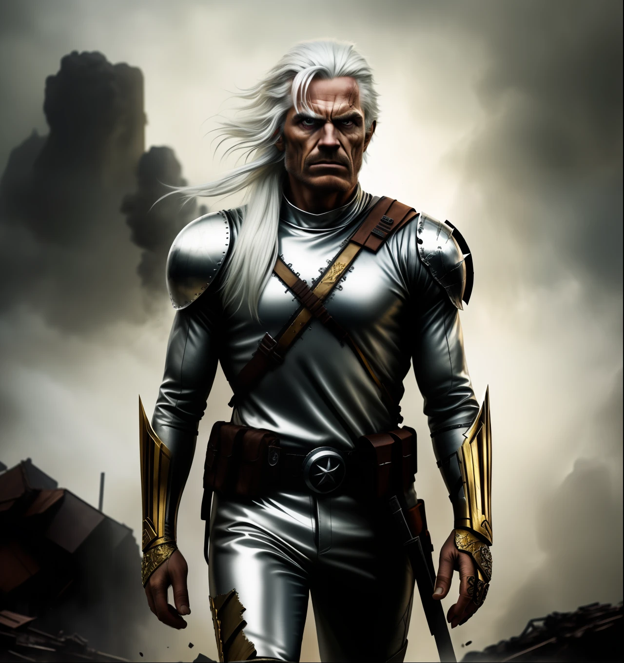 A superhero with silver hair, shiny clothes, golden hair, imposing, post apocalyptic scenery, 4k, realism, high definition, professional, intricate details.