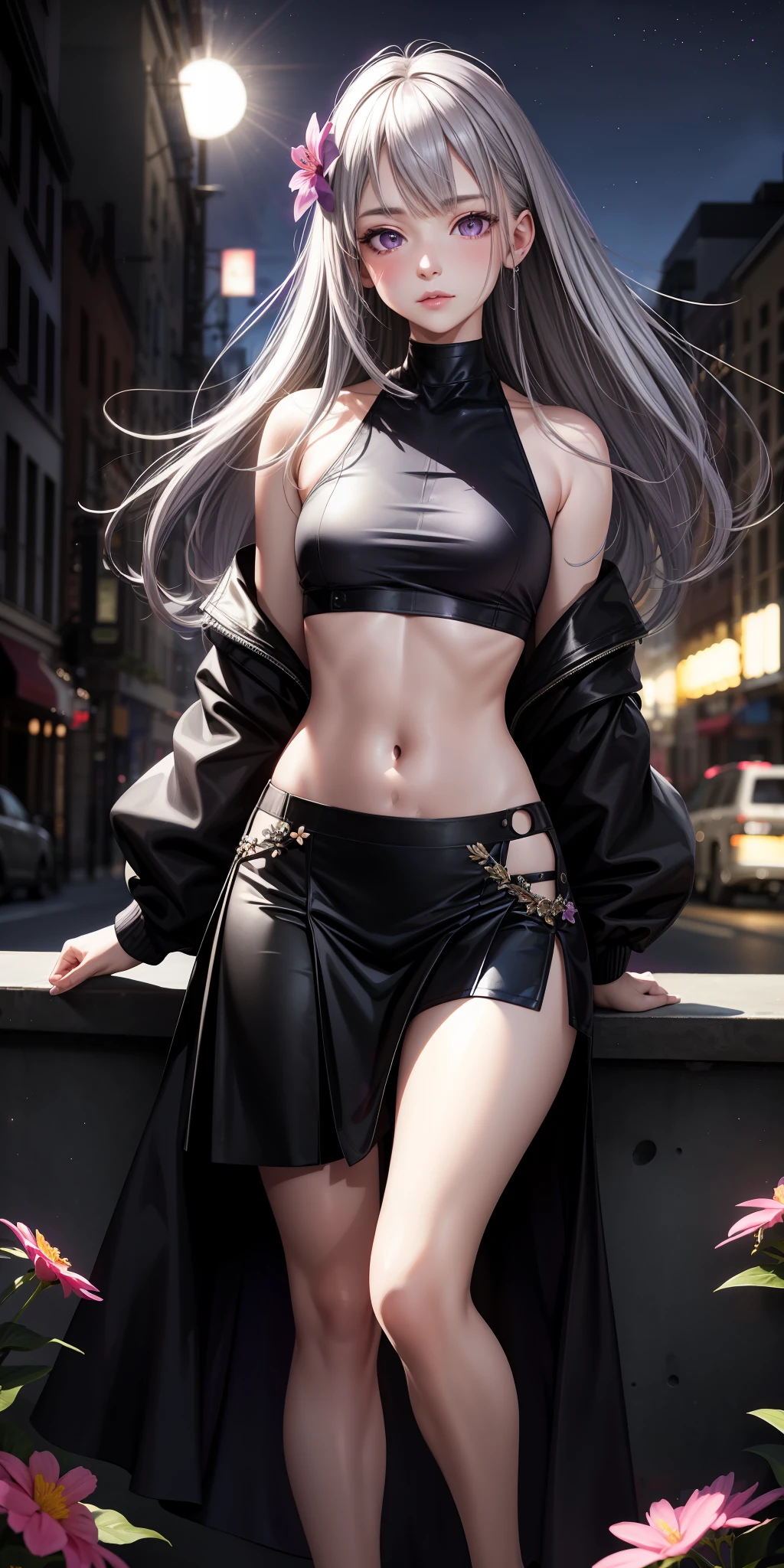 realistic, girl single, gray hair, purple eyes, shining eyes, crop top, skirt, parted lips, blush, night, flower, sun, sunlight, naked