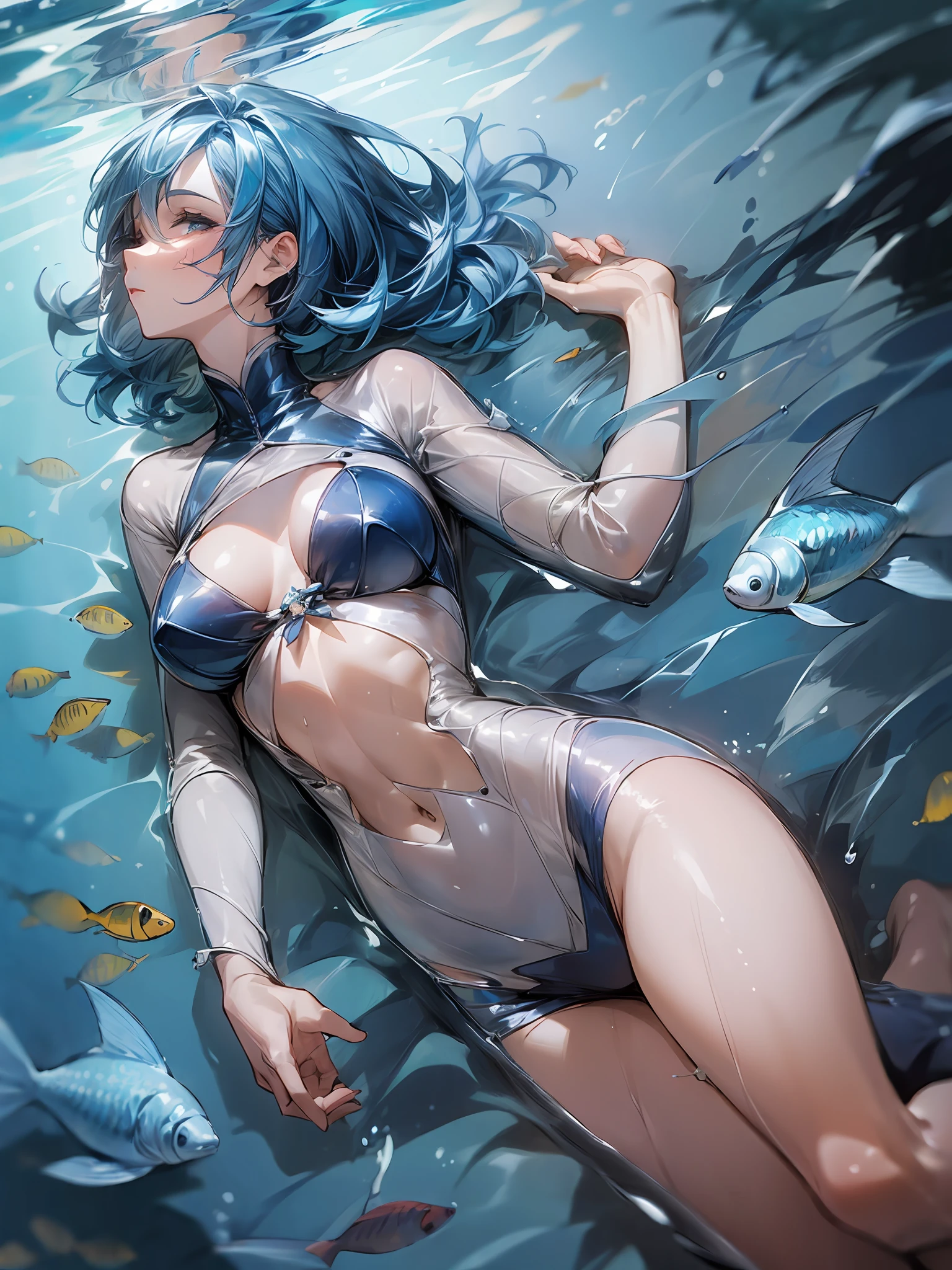 (mature:1.8)1girl, blue hair, lying in the bottom of the ocean, full body, surrounded with fish
