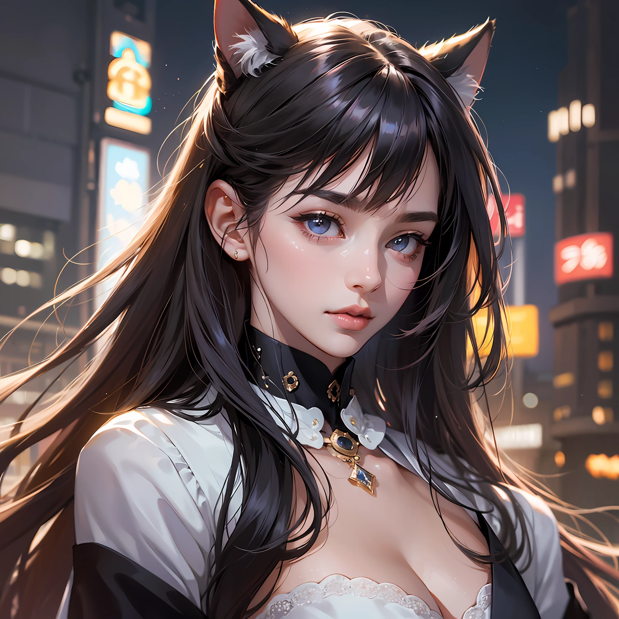 (absurd, high resolution, super detail), face close-up, face emphasis, face-oriented, single woman, long straight hair, shiny beautiful hair, beautiful skin, luscious skin, beautiful eyes, with bangs, long sleeves, eye highlights, unbroken hands, rich lighting, large breasts, pale pink lips, uniform 8K with high definition CG Wallpaper, Attention to Detail, Portrait, Gaze, Solo, Half Shot, Detailed Face, Soft Smile, Dynamic Pose, (Modern Japanese Subject: 1. 1), Cat Ear, Black Dress, Black Gloves, Lace Dress, Contemporary Subject, (Thriving Civilization: 1.1), (Pure White: 1.1) Building, Neon, Roppongi Dancing lights, Kabukicho, Japanese landscape, Fantastic, Romantic, Tasteful, Night, Darkness, Stars, Portrait, Film lighting, Gold necklace, Date scene, --auto --s2