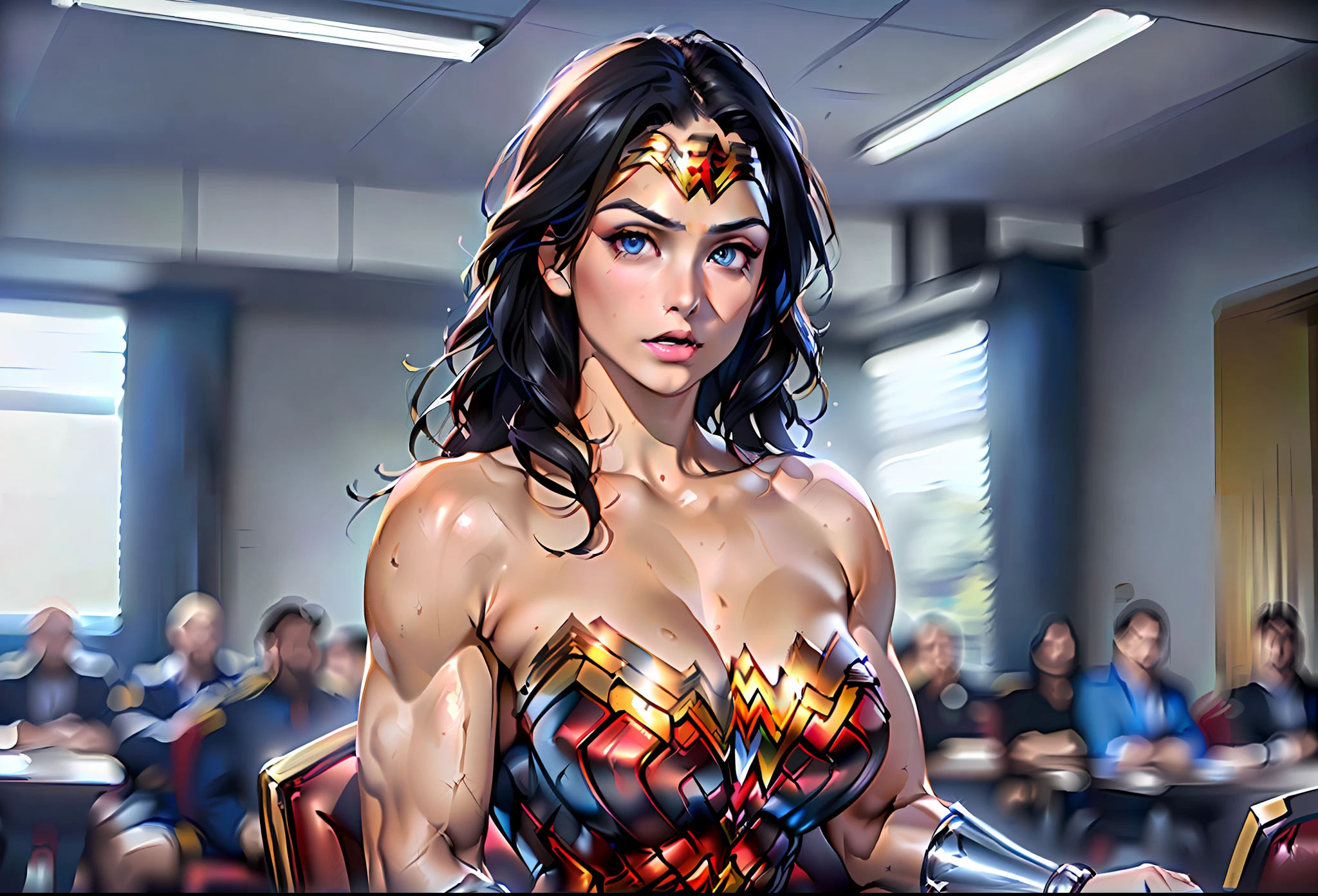 Absurd resolution, high resolution, (masterpiece: 1.4), hyper-detail, oversized meeting room, screen, many screen monitors in meeting room, (((several police officers sitting around a conference table in a meeting room))), (((wonder woman in a crowded meeting room, a group of police officers crowded around woman))), large monitor, ((monitor showing Wonder Woman)), 1 Girl, subtitles, with subtitles, 1080p, 1080p, police officers, 480p, 480p, video, screenshot from a movie, video still, transparent background, cop, interesting background, wide shot, panorama, Wonder Woman, (intricate details, makeup), (delicate and beautiful delicate face, delicate and beautiful delicate eyes, perfectly proportioned face), (glossy skin: 1.0), delicate skin, strong and realistic blue eyes, realistic black hair, lips, makeup, natural skin texture, tiara, jewelry, stars \(symbol\), Leotard, silver bracelet, red boots, golden belt, (public clothing: 1.5), bare shoulders, slightly sunburned, mature, sexy, toned muscles, (muscles: 1.2), ((strong and healthy body)), ((((more) muscles))), cleavage, long legs, curves, (big breasts: 1.3), ribs, thin waist, soft waist, (delicate skin), (beautiful and sexy woman), (swollen lips: 0.9), (eyelashes: 1.2), very delicate muscles, perfect body, perfect anatomy, perfect details, Perfect fingers, perfect limbs, serious, heavy breathing, surprised,