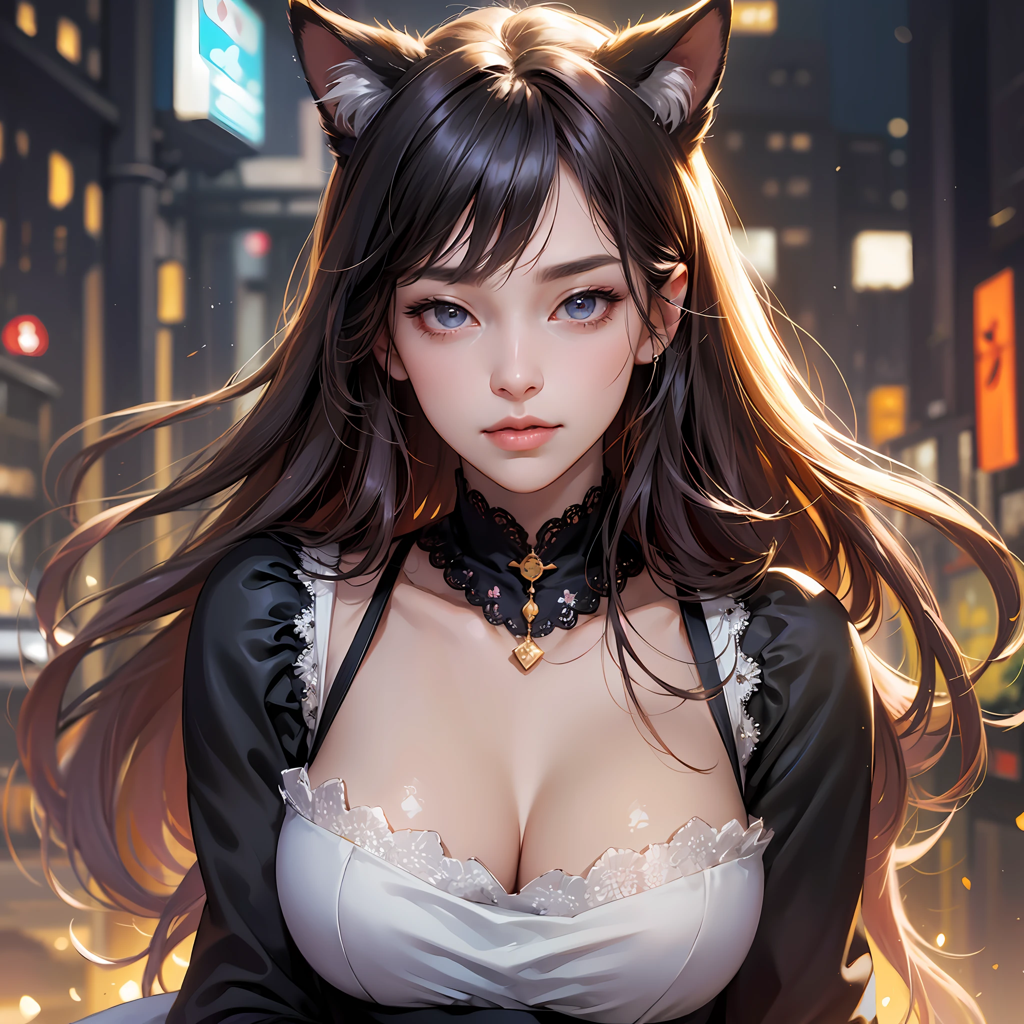 (absurd, high resolution, super detail), face close-up, face emphasis, face-oriented, single woman, long straight hair, shiny beautiful hair, beautiful skin, luscious skin, beautiful eyes, with bangs, long sleeves, eye highlights, unbroken hands, rich lighting, large breasts, pale pink lips, uniform 8K with high definition CG Wallpaper, Attention to Detail, Portrait, Gaze, Solo, Half Shot, Detailed Face, Soft Smile, Dynamic Pose, (Modern Japanese Subject: 1. 1), Cat Ear, Black Dress, Black Gloves, Lace Dress, Contemporary Subject, (Thriving Civilization: 1.1), (Pure White: 1.1) Building, Neon, Roppongi Dancing lights, Kabukicho, Japanese landscape, Fantastic, Romantic, Tasteful, Night, Darkness, Stars, Portrait, Film lighting, Gold necklace, Date scene, --auto --s2