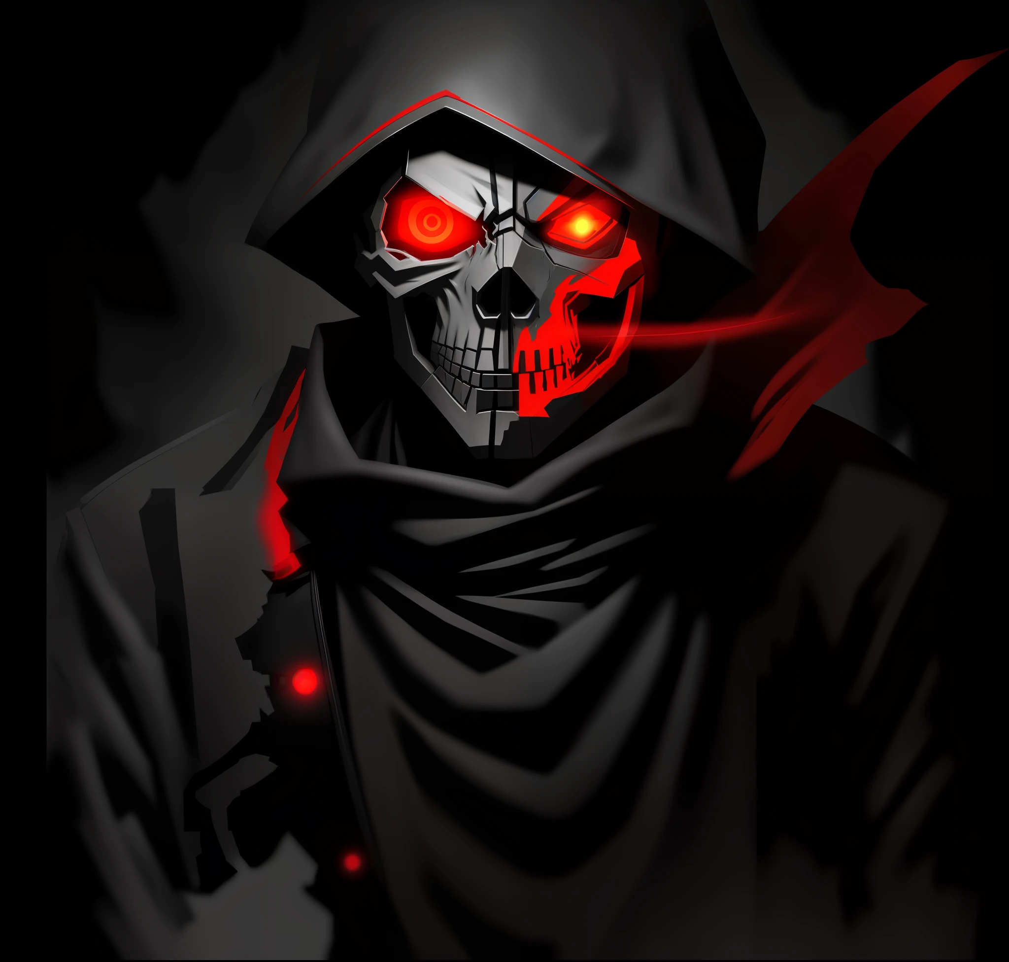 Anime style, half, side, half-skull mask, Right, Right Side Half-skull Mask, black, red, red outline, dangerous, Badass, grim reaper, glowing eyes, sci-fi, advance, technology