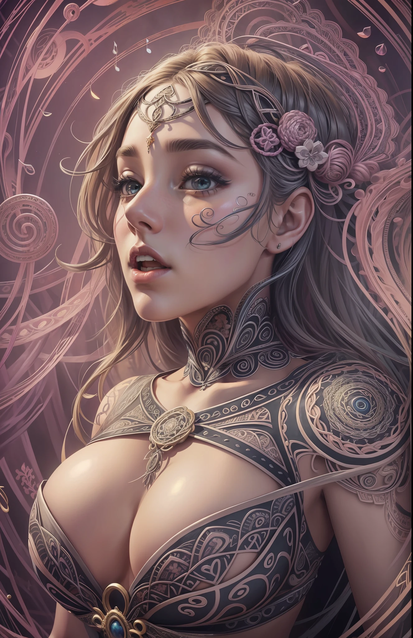 official art, unity 8k wallpaper, ultra detailed, beautiful and aesthetic, masterpiece, best quality, (zentangle, mandala, tangle, entangle), (fractal art:1.3) , 1girl, big breast, extremely detailed, dynamic angle, cowboyshot, the most beautiful form of chaos, elegant, a brutalist designed, vivid colours, romanticism, atmospheric, ecstasy of musical notes, streaming musical notes visible