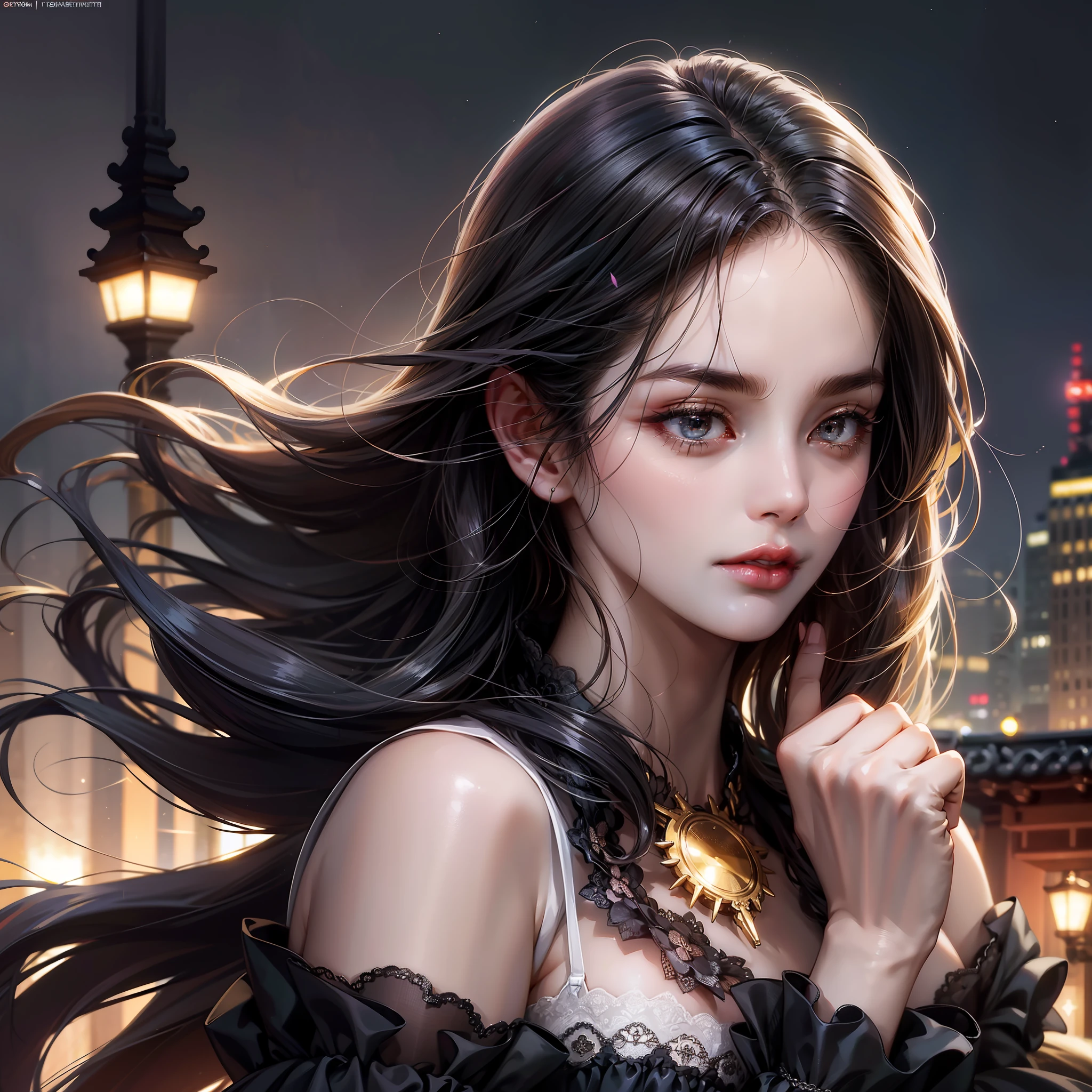 (absurd, high resolution, super detail), face close-up, face emphasis, face-oriented, single woman, long straight hair, shiny beautiful hair, beautiful skin, luscious skin, beautiful eyes, with bangs, long sleeves, eye highlights, unbroken hands, rich lighting, large breasts, pale pink lips, uniform 8K with high definition CG Wallpaper, Attention to Detail, Portrait, Gaze, Solo, Half Shot, Detailed Face, Slightly Angry, Dynamic Pose, (Modern Japanese Subject: 1. 1), Cat Ear, Black Dress, Black Gloves, Lace Dress, Contemporary Subject, (Thriving Civilization: 1.1), (Pure White: 1.1) Building, Neon, Roppongi Dancing lights, Kabukicho, Japanese landscape, fantasy, romantic, austere, night, darkness, stars, portrait, film lighting, gold necklace, date scene