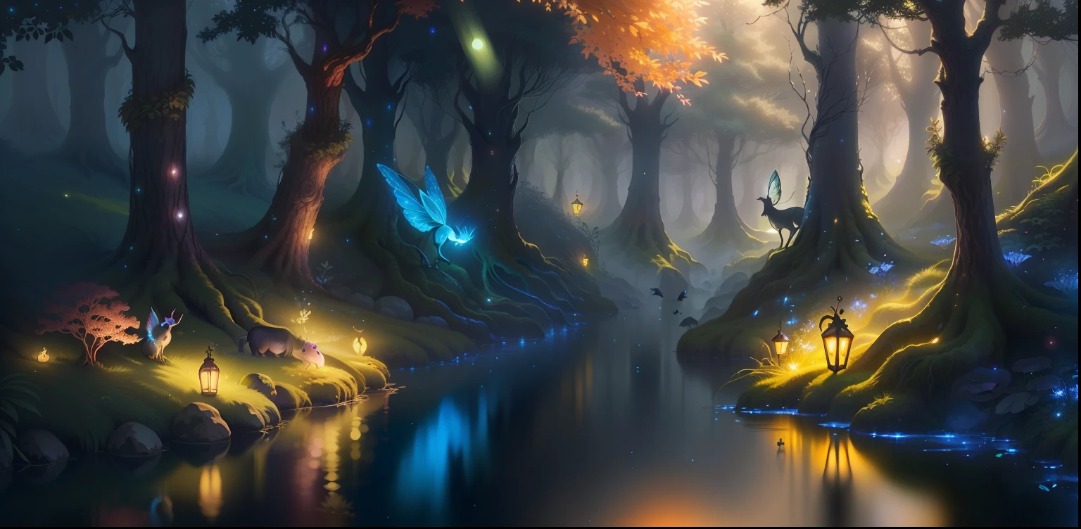 "Fantastic Forest Creatures": NFT art depicting the coexistence of sparkling fairies and mysterious creatures in a magical forest. The trees and plants are also shining, and their beauty stands out.
