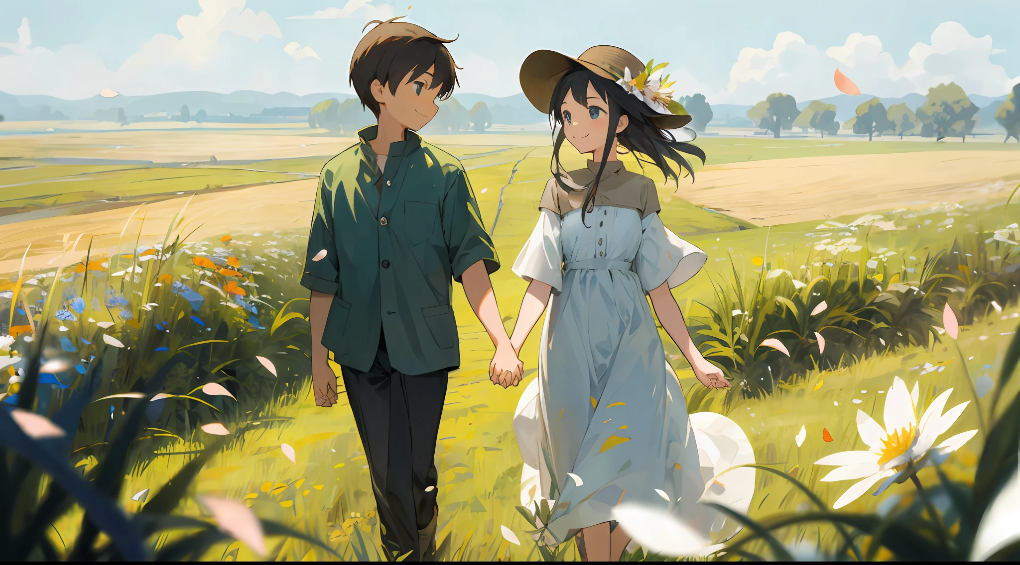 Upper body, depth of field, smile, a couple, holding hands, walking on the prairie, fields, grass, plants, flowers, petals