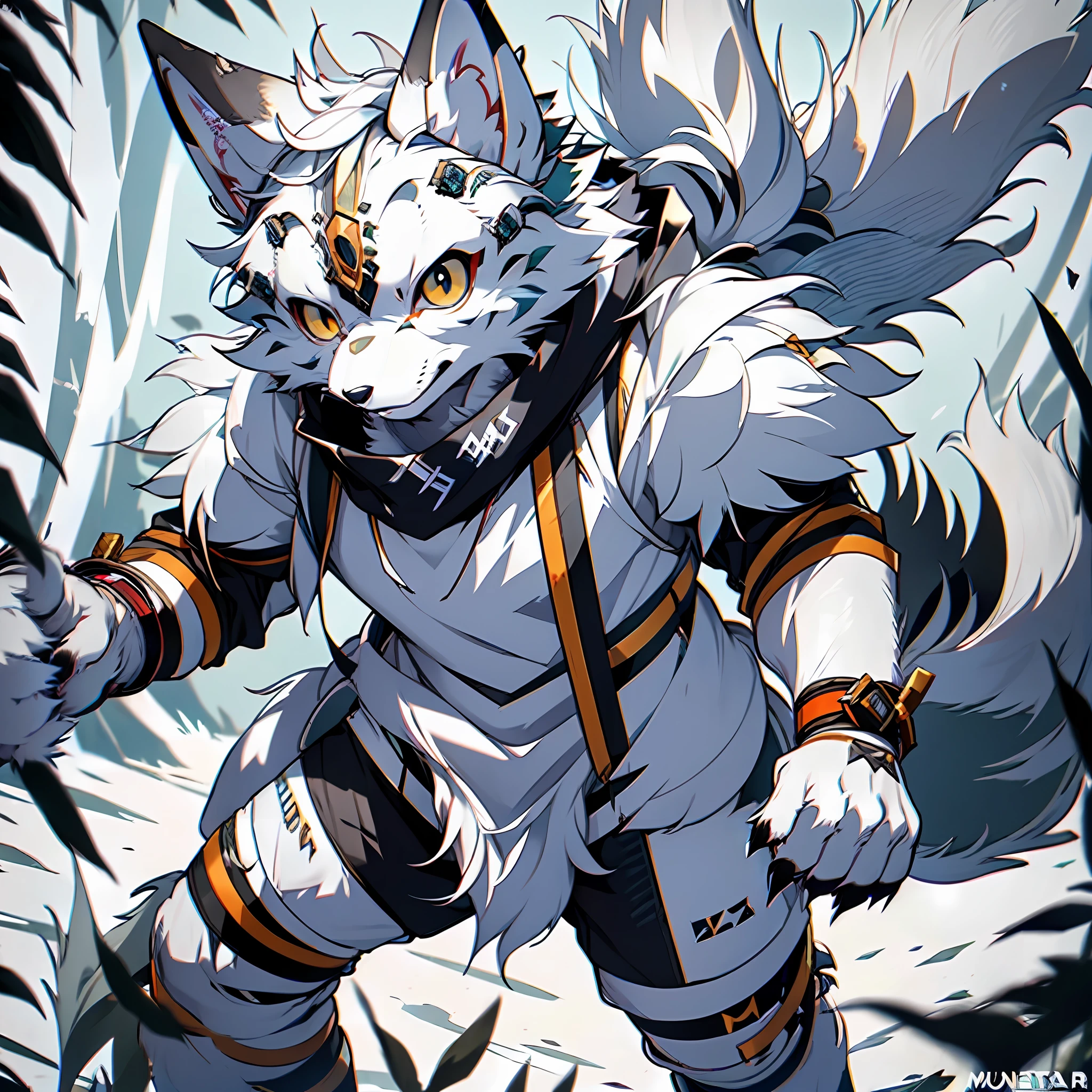 (Best Quality), (Masterpiece), ((Single 1.5)), (Ultra Detailed), (Furry), Full Body Furry, Furry, (Male Arctic Fox: 1.5), (Grey Skin: 1.3), (Gray Fur: 1.3), (Fluffy Tail: 1.2), Character Focus, (Golden Eyes), (Canine Paws), (Gray Ears), Sharp Focus, (Furry Animal Ears), (monster_hunter_style), ( monster_hunter)