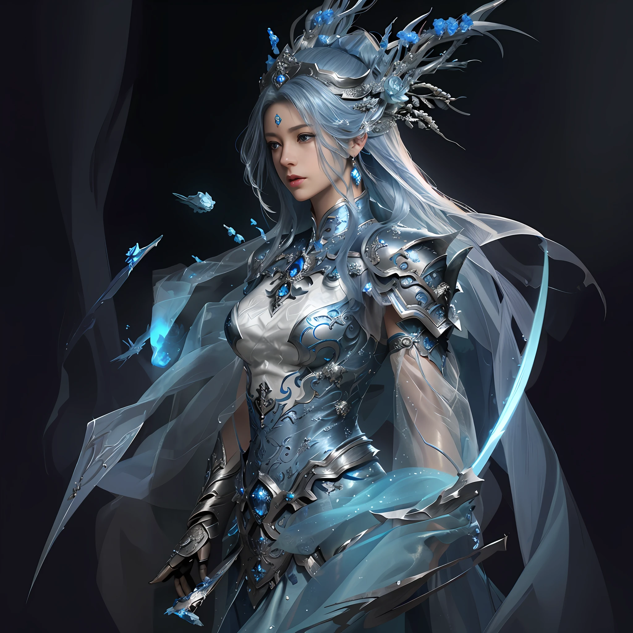 arafed woman in a blue dress with a long veil and a sword, 2. 5 d cgi anime fantasy artwork, epic exquisite character art, detailed fantasy art, detailed fantasy digital art, stunning character art, 3 d render character art 8 k, pale blue armor, 4k fantasy art, beautiful armor, highly detailed fantasy art, beautiful digital artwork
