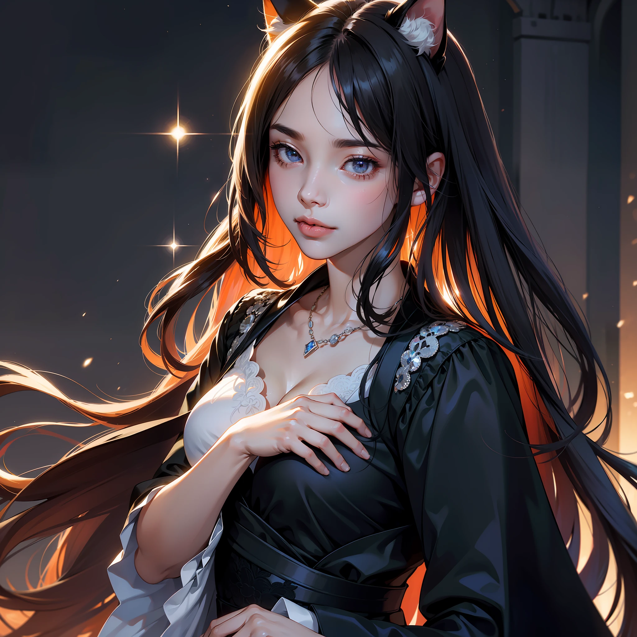 (absurd, high resolution, super detail), face close-up, face emphasis, face-oriented, single woman, long straight hair, shiny beautiful hair, beautiful skin, luscious skin, beautiful eyes, big eyes, with bangs, long sleeves, eye highlights, unbroken hands, rich lighting, large breasts, pale pink lips, by high definition CG Uniform 8K wallpaper, attention to detail, portrait, gaze, solo, half shot, detailed face, staring, dynamic pose, (Contemporary Japanese Subject: 1. 1), cat ears, black dress, black gloves, lace dress, contemporary theme, (Thriving Civilization: 1.1), (Pure White: 1.1) buildings, neon Roppongi, Kabukicho, Japanese landscape, Fantastic, Romantic, Dance of Light, Reluctance, Night, Darkness, Stars, Portrait, Film Lighting, Necklace, Date Scene