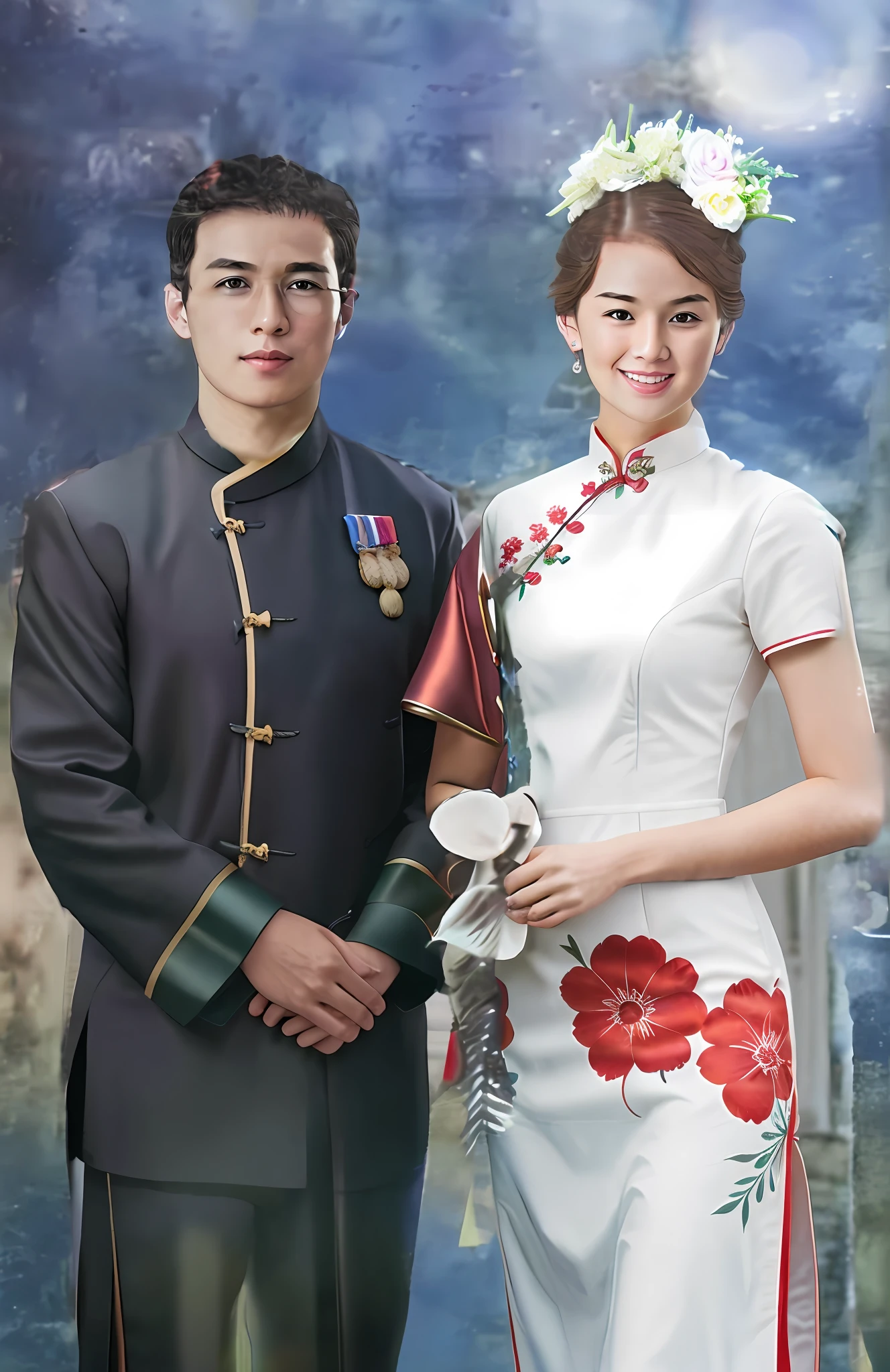 Wearing a black Zhongshan suit