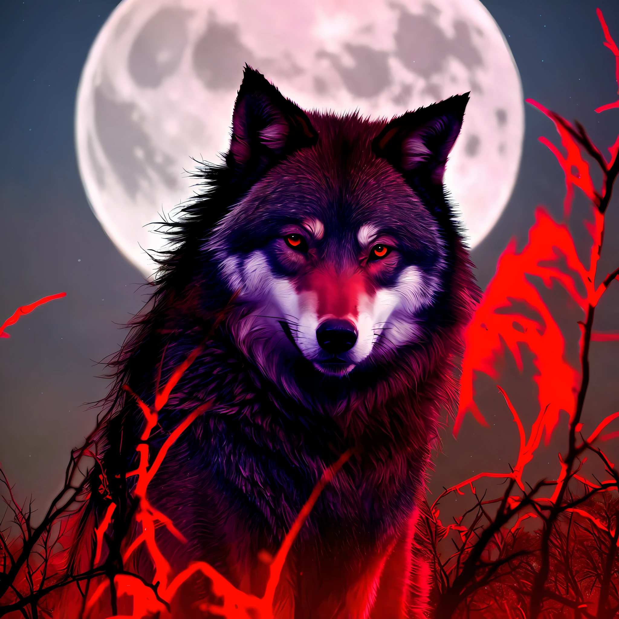 Best quality, Blood Moon, Wolf, Blood Wheel Eye, Ku Wu, Telephone Pole, Midnight, Crimson Sky, Wolf Howl, Blood