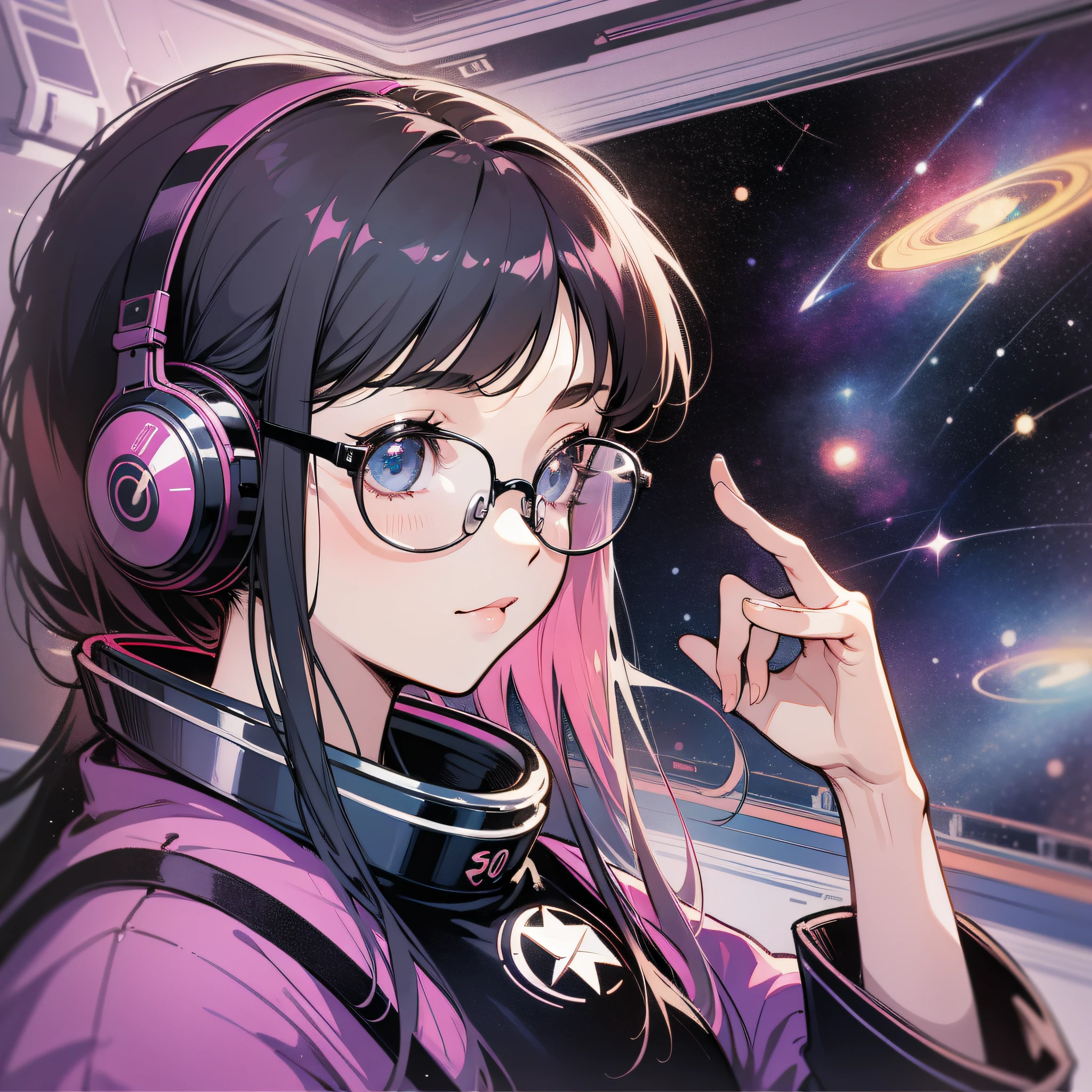retro music album cover design, lofi filter, girl with black and round glasses wearing headphones, she is sitting on top of a spaceship looking at the stars, 90s anime art style, vintage look, galaxy background ar 1:1 --niji 5 --s 400
