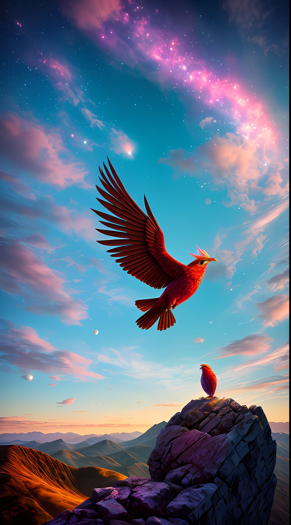 Hilltop, Flying Firebird, Background Nebula, Surrealism, Realism, Proportion, Overall Quality, Stylized Light, Rendering