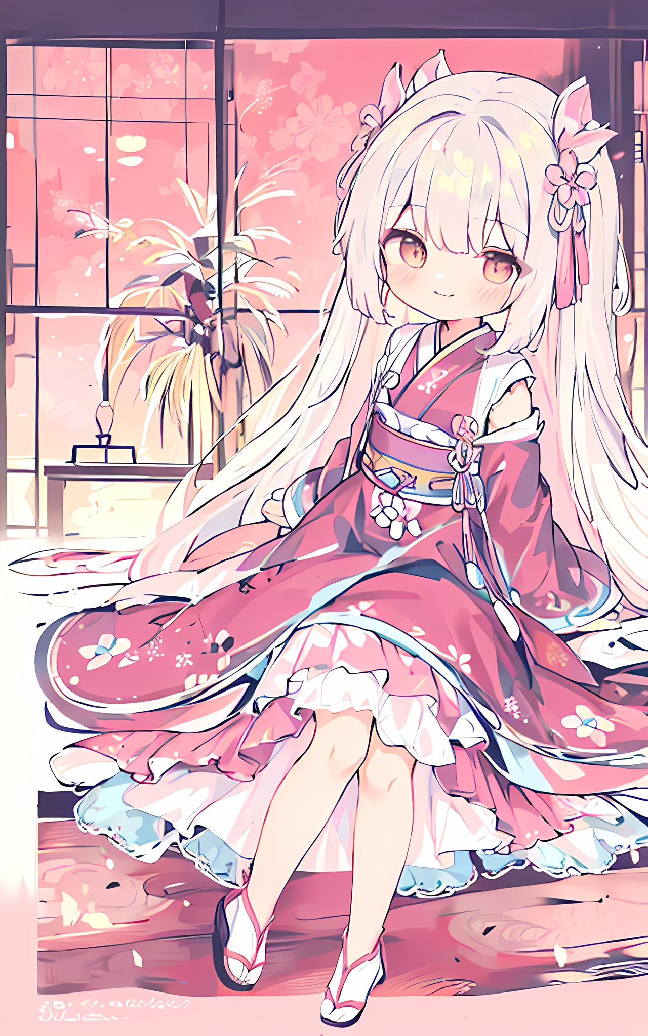 anime girl in a pink dress sitting on a window sill, cute anime waifu in a nice dress, white haired deity, anime moe artstyle, palace , a girl in hanfu, in dress, splash art anime loliwearing aristocrat robe)), onmyoji portrait, in a kimono, azur lane style, zerochan art