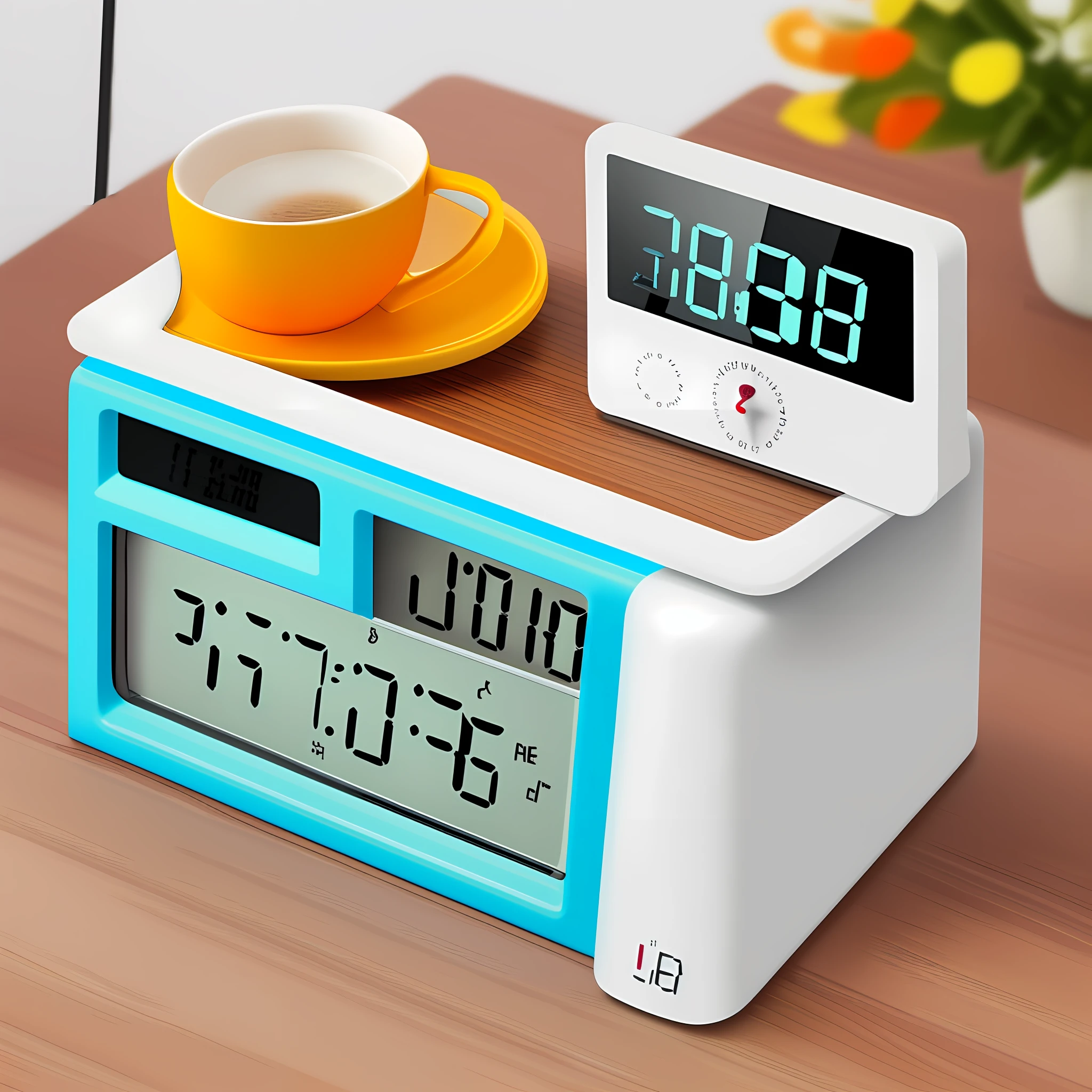 A digital alarm clock on the table, give this alarm clock a close-up, overall bright style.