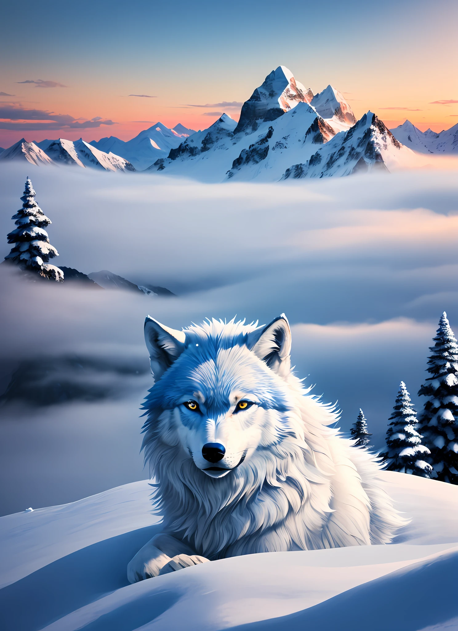 (masterpiece), best quality, high detail, lone wolf, blue eyes, snow white head, close up, white snow mountain, fog background, cold look (blue wolf with snow floating on snow mountain) rendering, Liu sunset, light