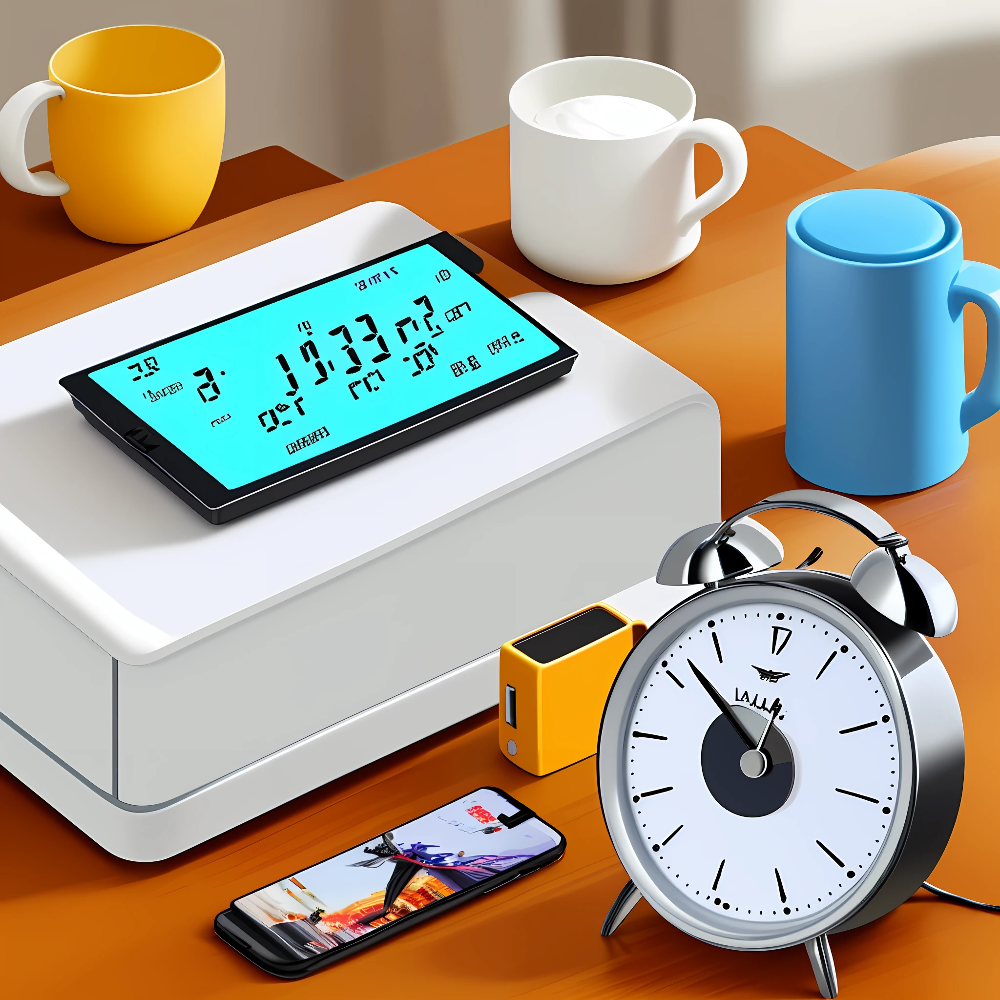 A digital alarm clock on the table, give this alarm clock a close-up, overall bright style.