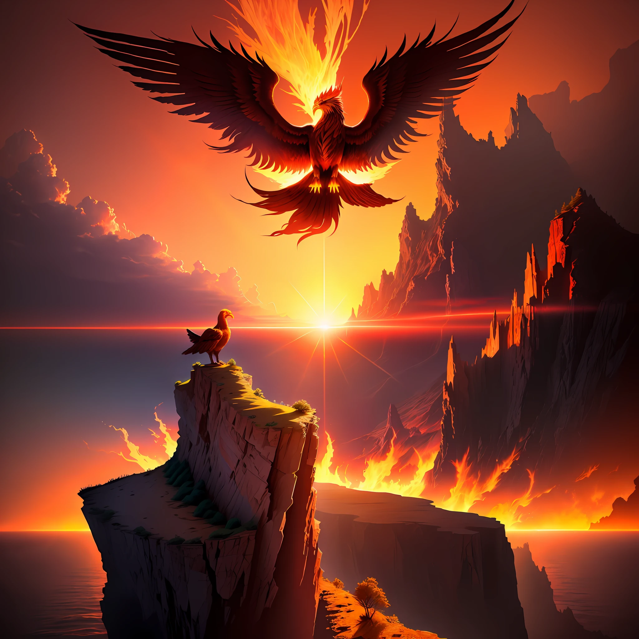 A cliff with a phoenix on it, sunset, red sun, surreal, light, rendering, extreme