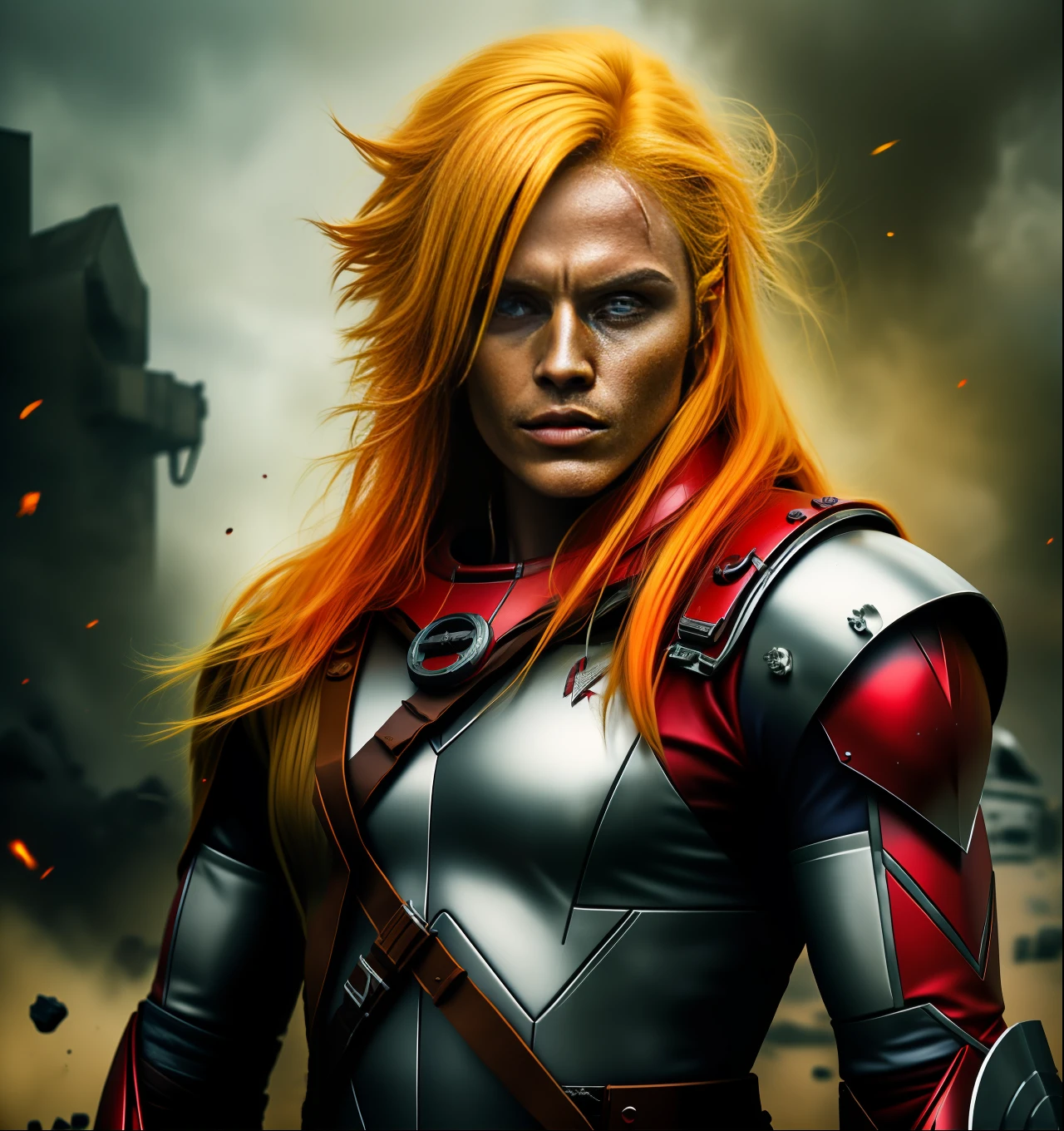 A superhero with blonde hair, dark red clothing, bright, golden hair, imposing, post apocalyptic scenery, 4k, realism, high definition, professional, intricate details, realistic photo.