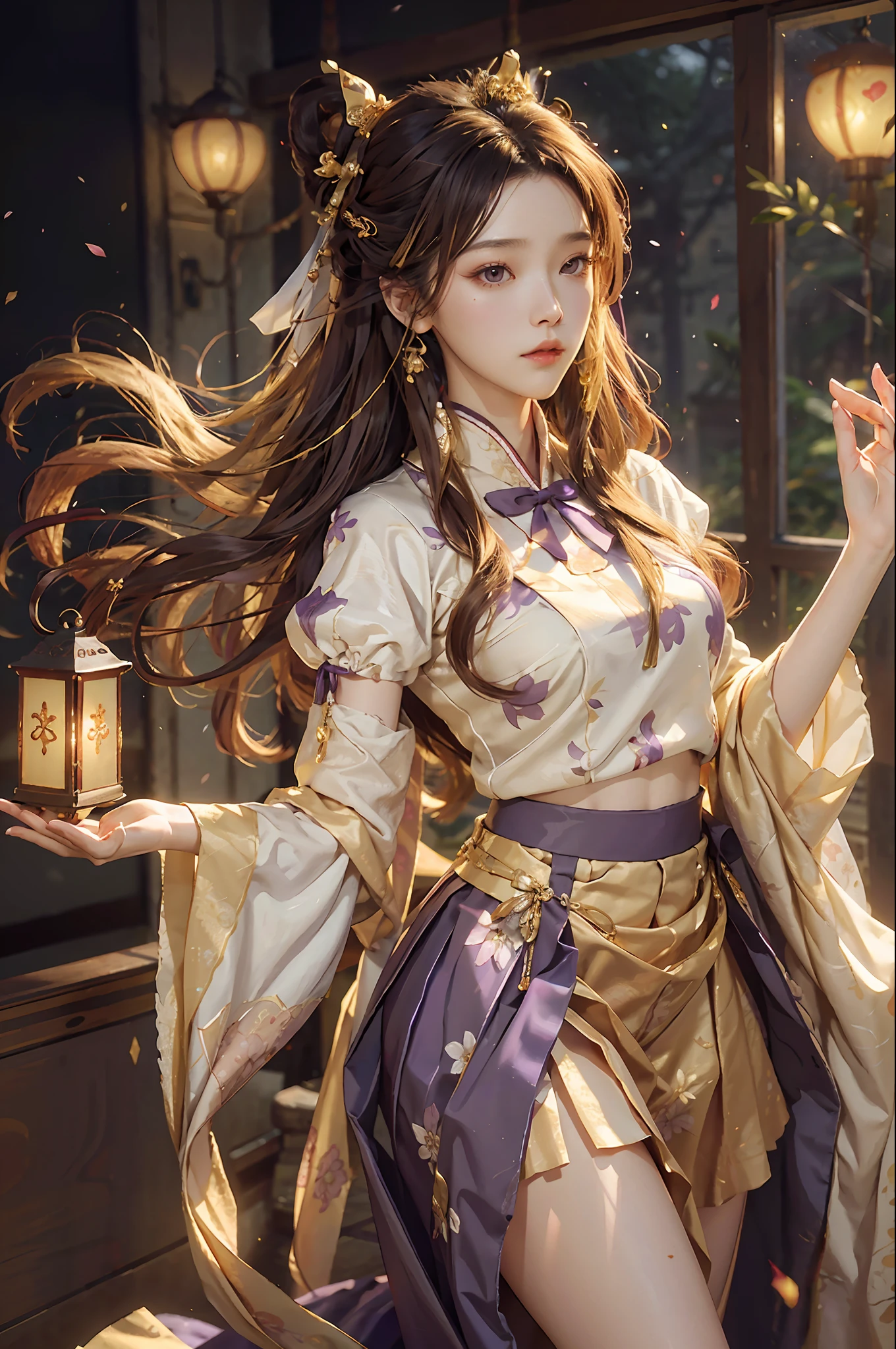 Superb Quality, Masterpiece, High Resolution, (Exquisite Body: 1.5), Stunning Beauty, (Milky Skin: 1.3), Exquisite Details, High Resolution, Wallpaper, 1 Woman, Solo, Dress, Hair Accessories, (((Golden Purple Skirt)) ), Flower, Long Hair, Brown Hair, Shut Up, Accessories, Long Sleeves, Raised Hand, Wide Sleeves, Big Eyes, Flowing Hair, Hanfu, Hanfu, Embroidery, Long Skirt, Natural Pose, Falling Petals, Indoor, Fanning, Lantern, 16K, HDR, High Resolution, Depth of Field, (Film Grae: 1.1), Bocon, Primetime, (Lens Glow), Vignette, Rainbow, (Color Grading: 1.5)