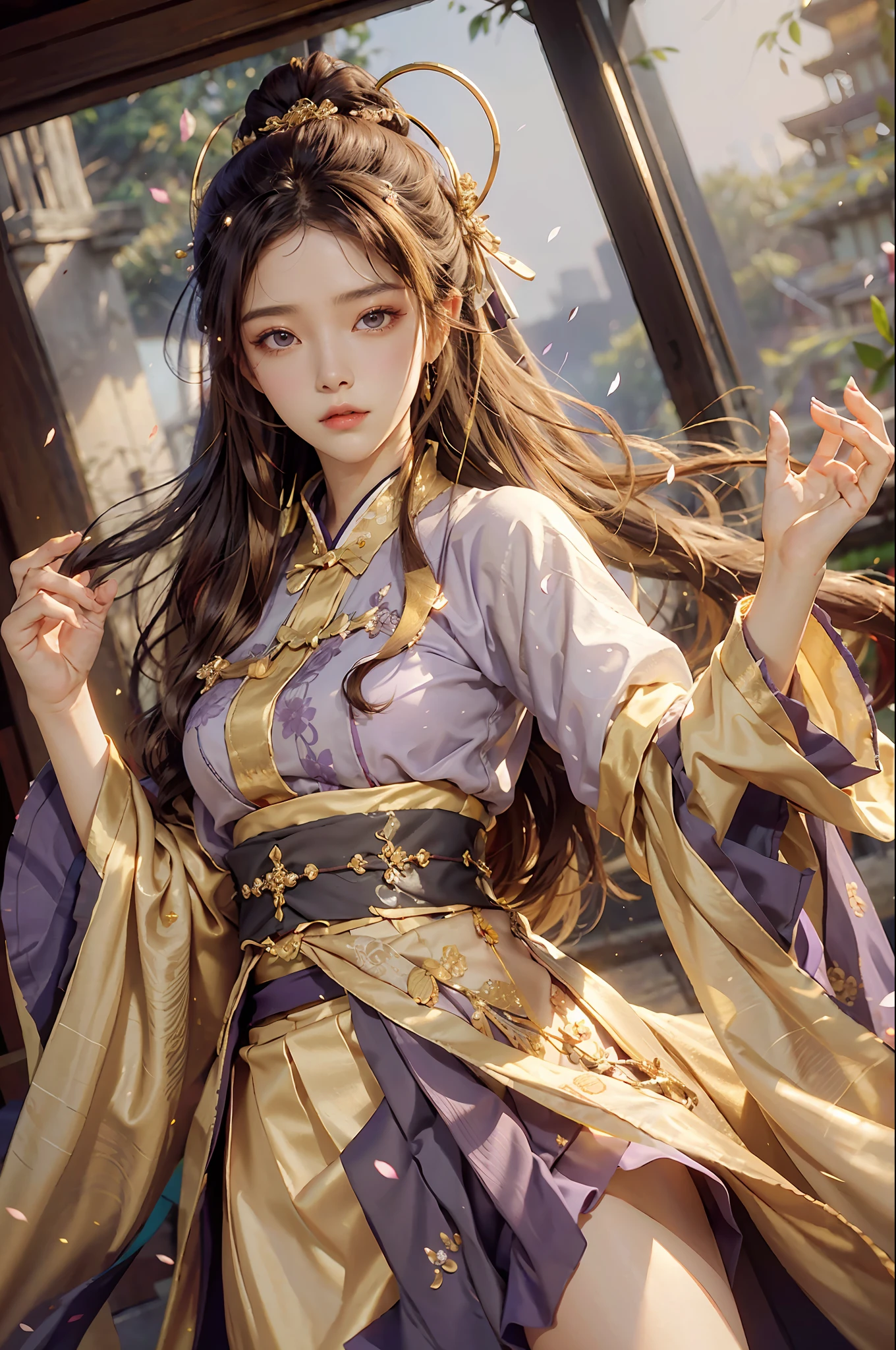 Superb Quality, Masterpiece, High Resolution, (Exquisite Body: 1.5), Stunning Beauty, (Milky Skin: 1.3), Exquisite Details, High Resolution, Wallpaper, 1 Woman, Solo, Dress, Hair Accessories, (((Golden Purple Skirt)) ), Flower, Long Hair, Brown Hair, Shut Up, Accessories, Long Sleeves, Raised Hand, Wide Sleeves, Big Eyes, Flowing Hair, Hanfu, Hanfu, Embroidery, Long Skirt, Natural Pose, Falling Petals, Indoor, Fanning, Lantern, 16K, HDR, High Resolution, Depth of Field, (Film Grae: 1.1), Bocon, Primetime, (Lens Glow), Vignette, Rainbow, (Color Grading: 1.5)