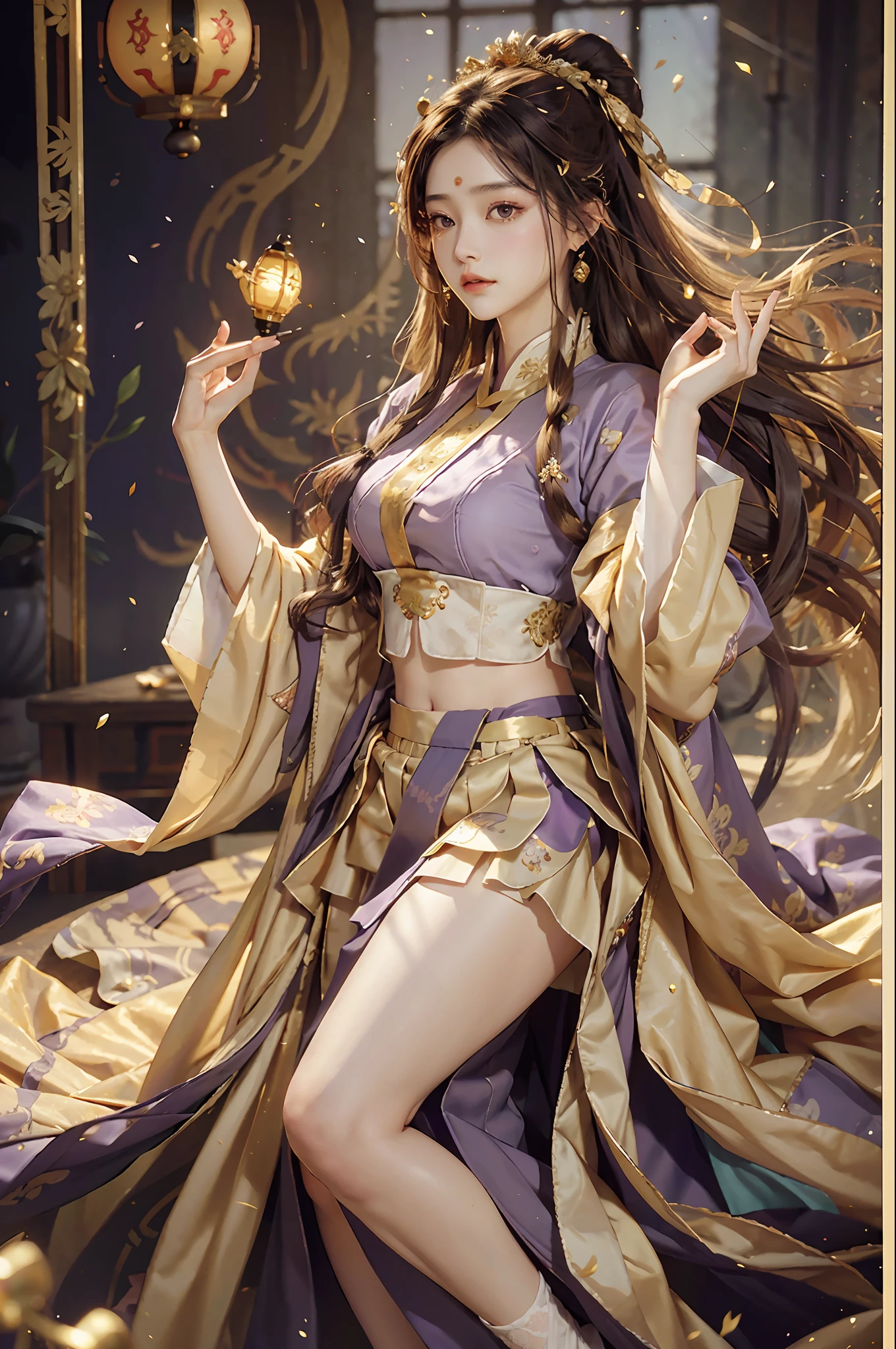 Superb Quality, Masterpiece, High Resolution, (Exquisite Body: 1.5), Stunning Beauty, (Milky Skin: 1.3), Exquisite Details, High Resolution, Wallpaper, 1 Woman, Solo, Dress, Hair Accessories, (((Golden Purple Skirt)) ), Flower, Long Hair, Brown Hair, Shut Up, Accessories, Long Sleeves, Raised Hand, Wide Sleeves, Big Eyes, Flowing Hair, Hanfu, Hanfu, Embroidery, Long Skirt, Natural Pose, Falling Petals, Indoor, Fanning, Lantern, 16K, HDR, High Resolution, Depth of Field, (Film Grae: 1.1), Bocon, Primetime, (Lens Glow), Vignette, Rainbow, (Color Grading: 1.5)