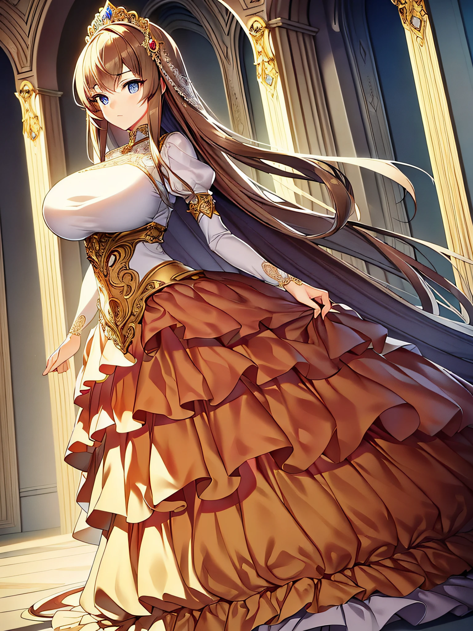 ((anime moe artstyle)),(Masterpiece),(Best Quality), (Super Detail),Illustration,((Very Delicate and Beautiful)),Focus on character,Dynamic Angle,Looking at viewer,(((Solo))),((Full body)),(((one gorgeous princess in ball gown with a voluminous skirt))),detailed face and eyes,jewel-like eyes,((Very Long Hair)),(gorgeous embroidery and lace),See-through,ornate ruffles,(gigantic breasts,Long breasts),(gorgeous ball gown with a voluminous skirt),