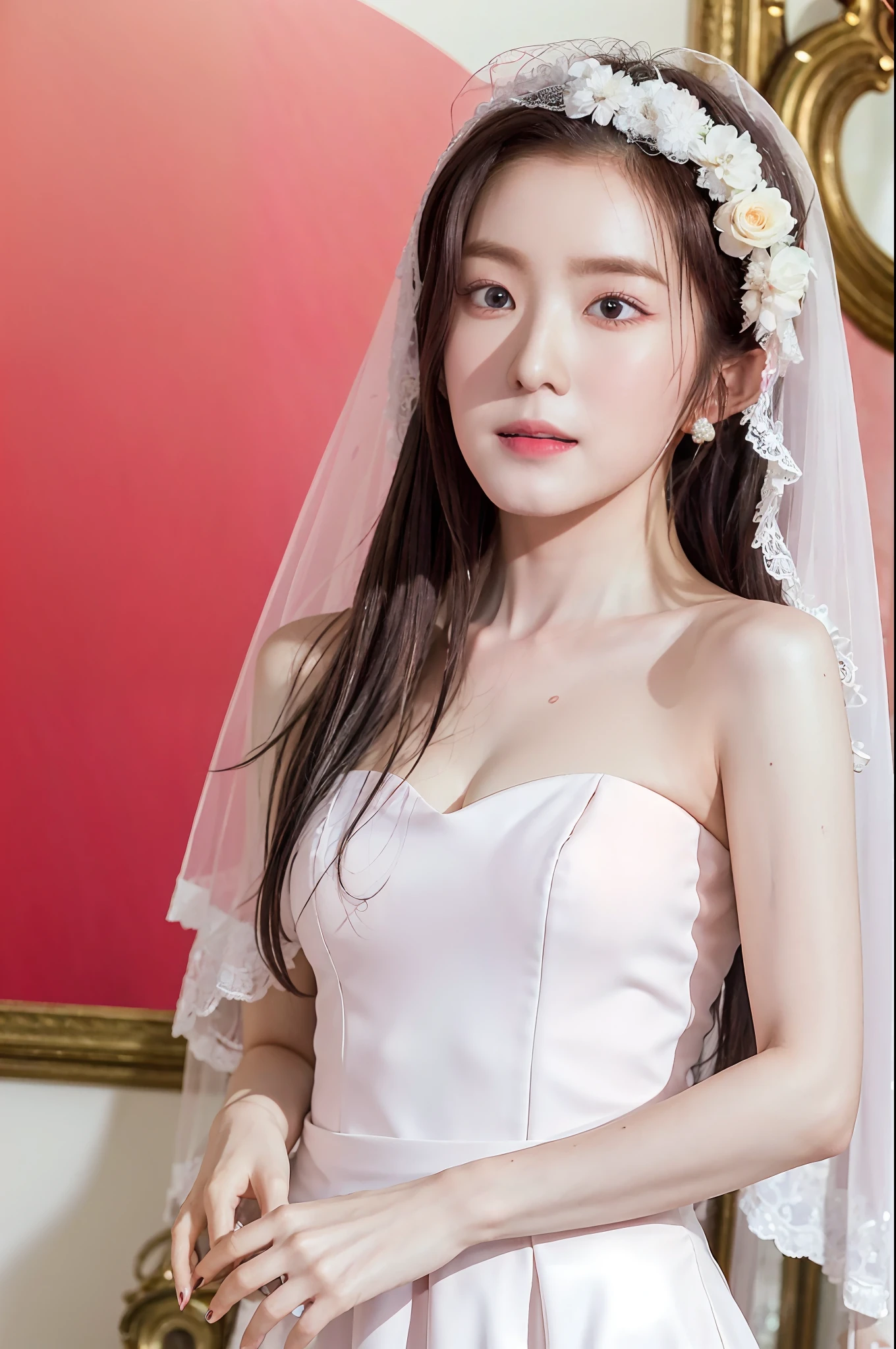 There is a girl in a wedding dress, Iris, wearing a wedding dress with a veil, castle building ray tracing, full body, {best quality}, {masterpiece}}, extremely detailed 8K wallpaper, {an extremely delicate and beautiful}, colorful, intricate details, realism, realism, camera quality, (meticulously portrayed clothes), cold white skin, (meticulously portrayed blush), 1080p, sun, soft cute, smooth light silver hair, messy beauty, lighting, broken feeling, shiny and silky skin, 3D stereoscopic, masterpiece, Best quality, illustration super fine, beautiful eyes, very delicate light, fine glow, very fine 8K CG wallpaper, peach blossom eyes, red pupils, an extremely delicate beautiful girl, 8k wallpaper, best quality, full body close-up, white wedding dress, luxury silky bright red chiffon overflash (illusion, glitter, ultra-thin, soft,) wedding dress