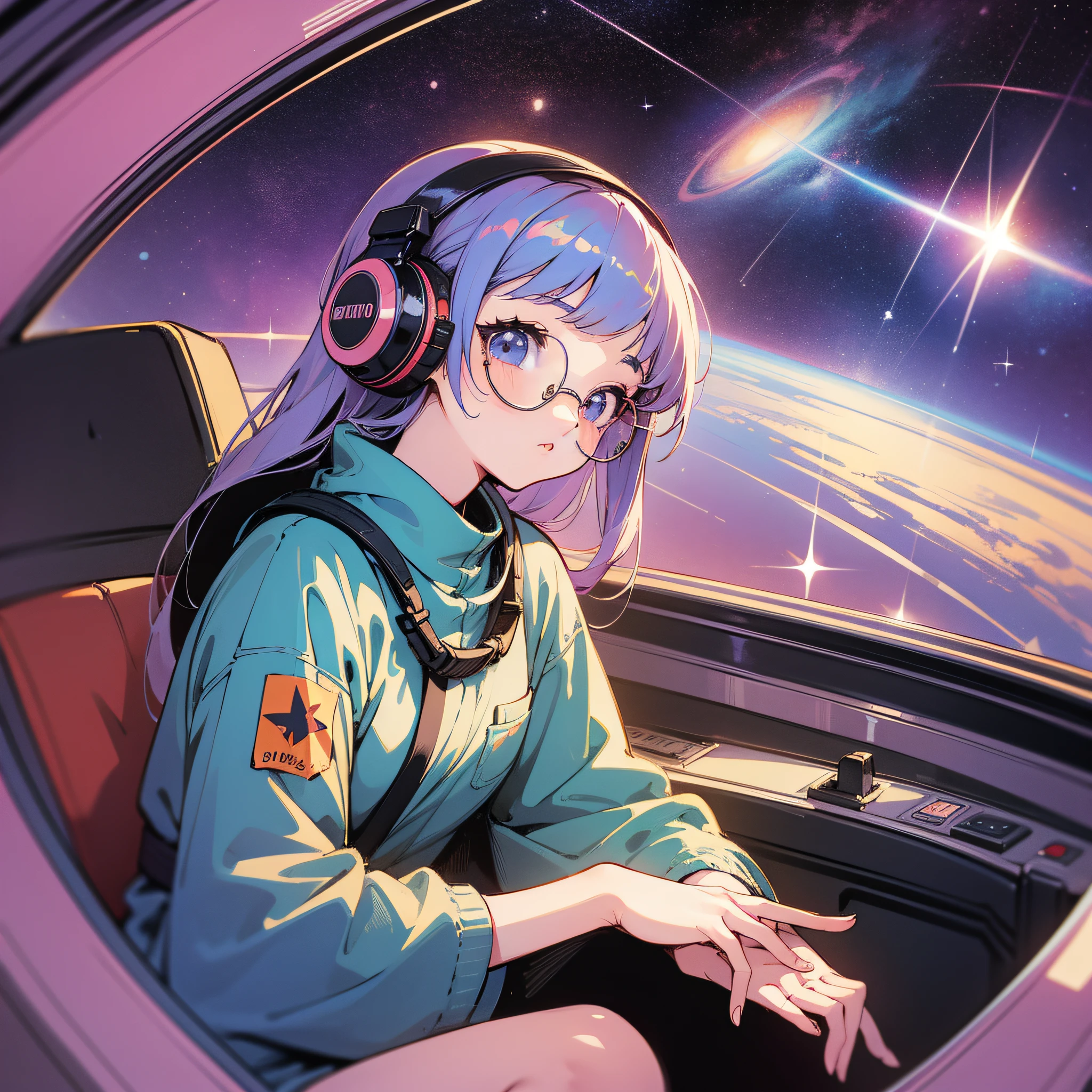 retro music album cover design, lofi filter, girl with black and round glasses wearing headphones, she is sitting on top of a spaceship looking at the stars, 90s anime art style, vintage look, galaxy background ar 1:1  --niji 5 --s 400