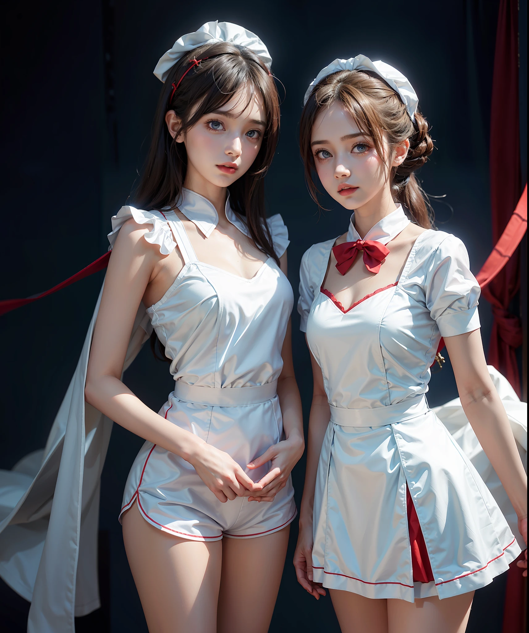 2 8 year old girls, twins, red and blue background, maid outfit, white shawl, cute outfit, shorts, character focus, Tyndall effect, cinematic lighting, looking to the camera,