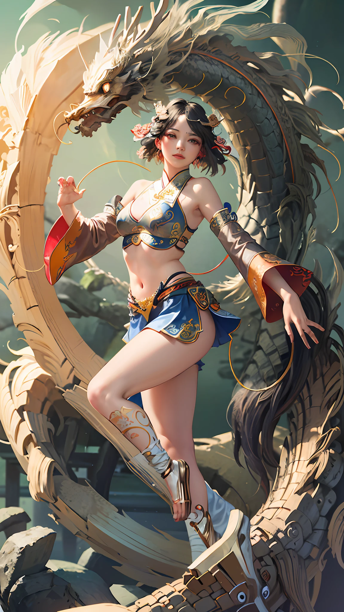 Official Art, Unified 8K Wallpapers, Ultra Detailed, Beautiful and Aesthetic, Masterpiece, Best Quality, (Zentangle, Tangle, Entangle), (fractal art: 1.4), 1girl, black hair, Chinese, bare shoulders, short skirt, calf, navel, very detailed, dynamic angle, cowboyshot, (most beautiful form chaos), flowing, (bright colors), oc, (half: 1.2), china, (thangka flying sky: 1.5), (ribbon: 1.3), (dream: 1.5), (hanfu: 1.5), Chinese dragon, Chinese phoenix, (smile: 0.5), (Chinese deity),