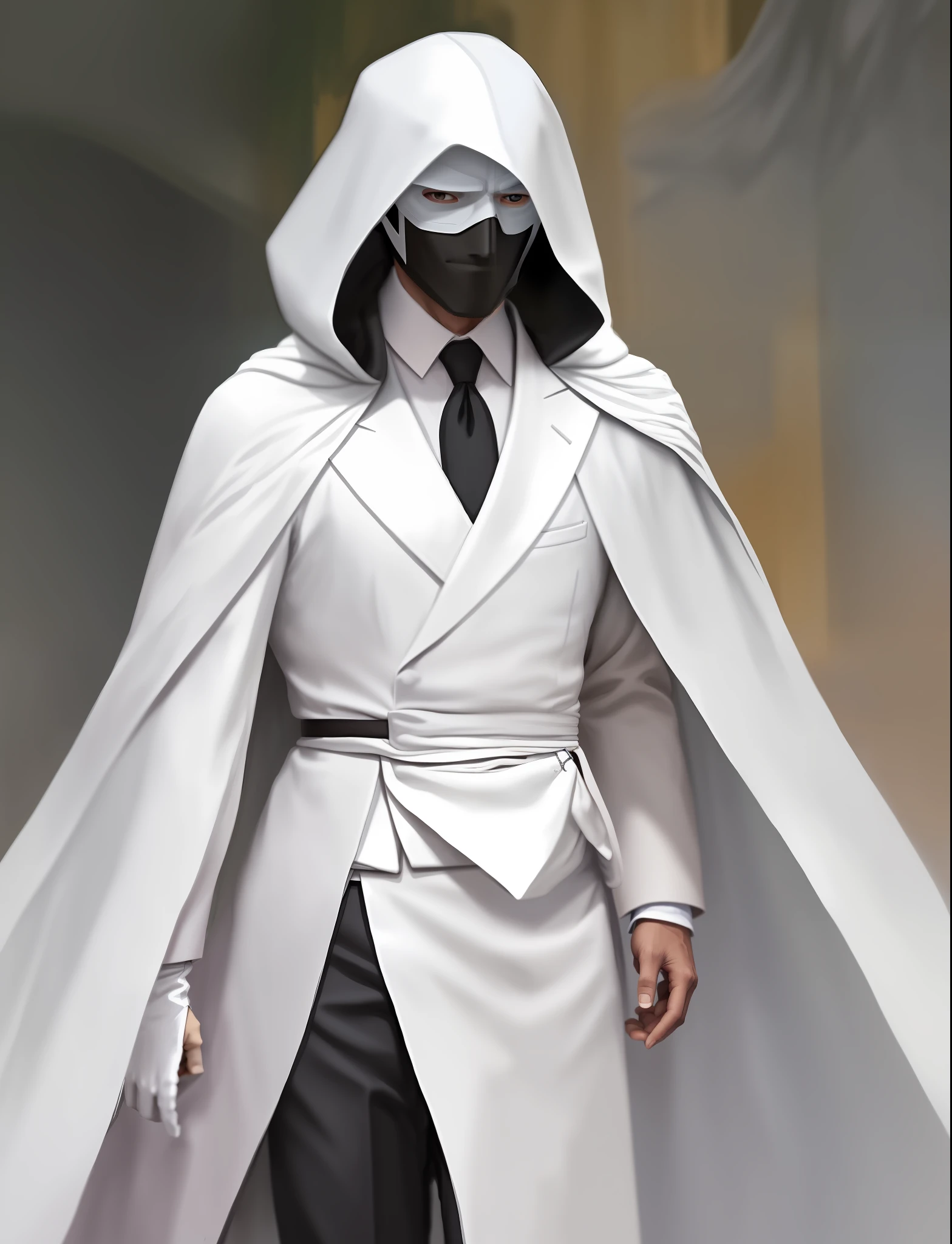 A man in a mask, wearing a white suit and a gray cloak